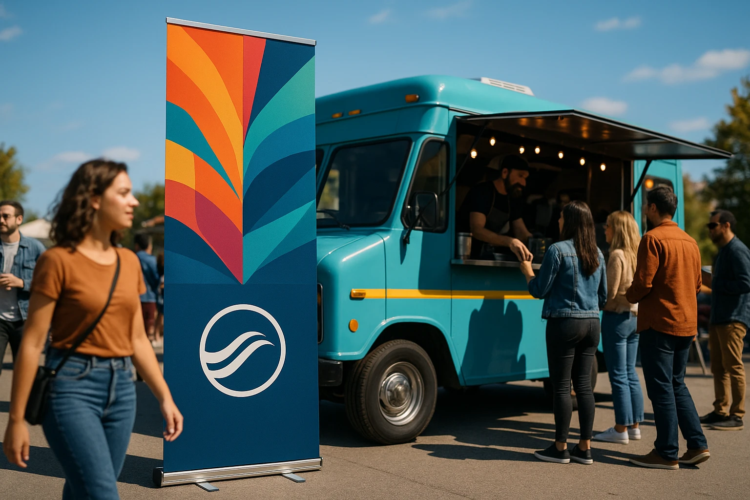 A dynamic outdoor event scene with a sleek portable banner display standing tall beside a bustling food truck, showcasing vibrant graphics and the company logo, surrounded by people enjoying the lively atmosphere under a clear blue sky.
