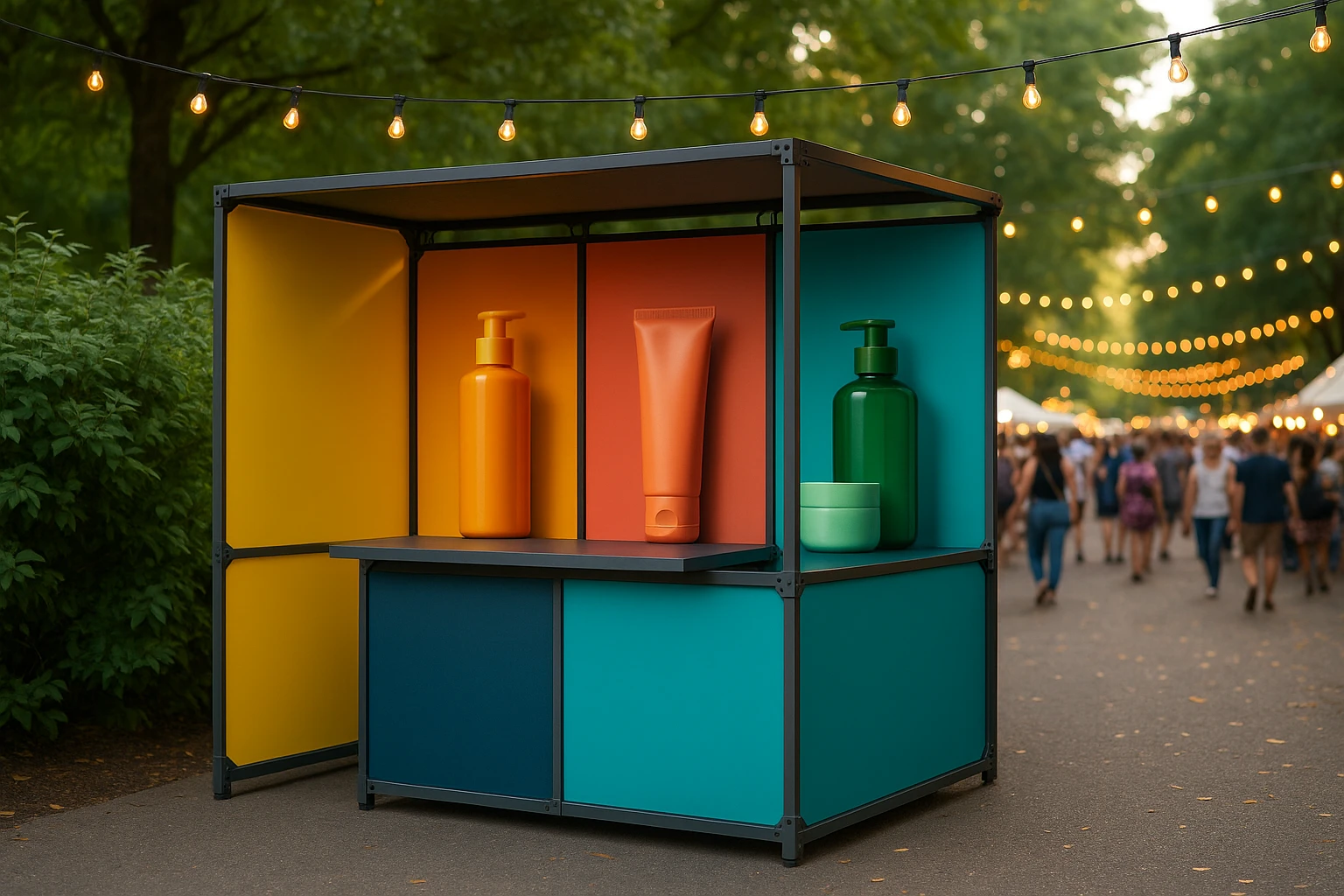 A portable promotional display set up at a busy outdoor festival features a modular pop-up booth with vibrant panels showcasing a new product line, surrounded by lush greenery and a festive string of lights overhead.