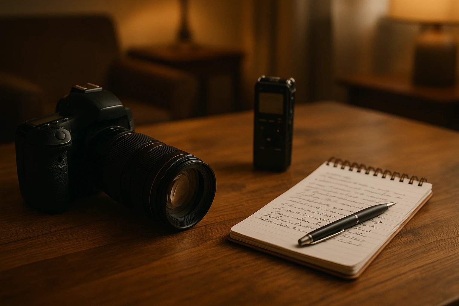 A private investigator's toolkit spread out on a wooden table, featuring a camera with a zoom lens, a voice recorder, and a notepad with handwritten notes, under a soft light in a cozy room setting.