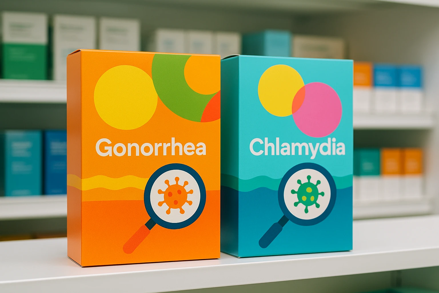 Colorful testing kit packages for gonorrhea and chlamydia displayed on a pharmacy shelf, with clear labeling and bright graphics to catch attention.