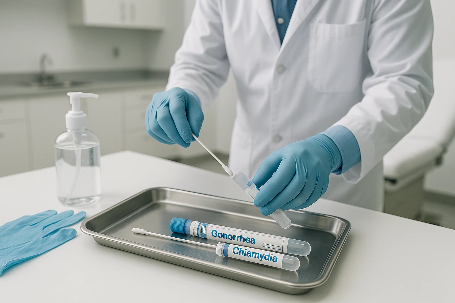 A clean, sterile clinic examination room with a medical professional preparing a swab test kit for gonorrhea and chlamydia on a metal tray, gloves and sanitizer prominently visible next to the kit.