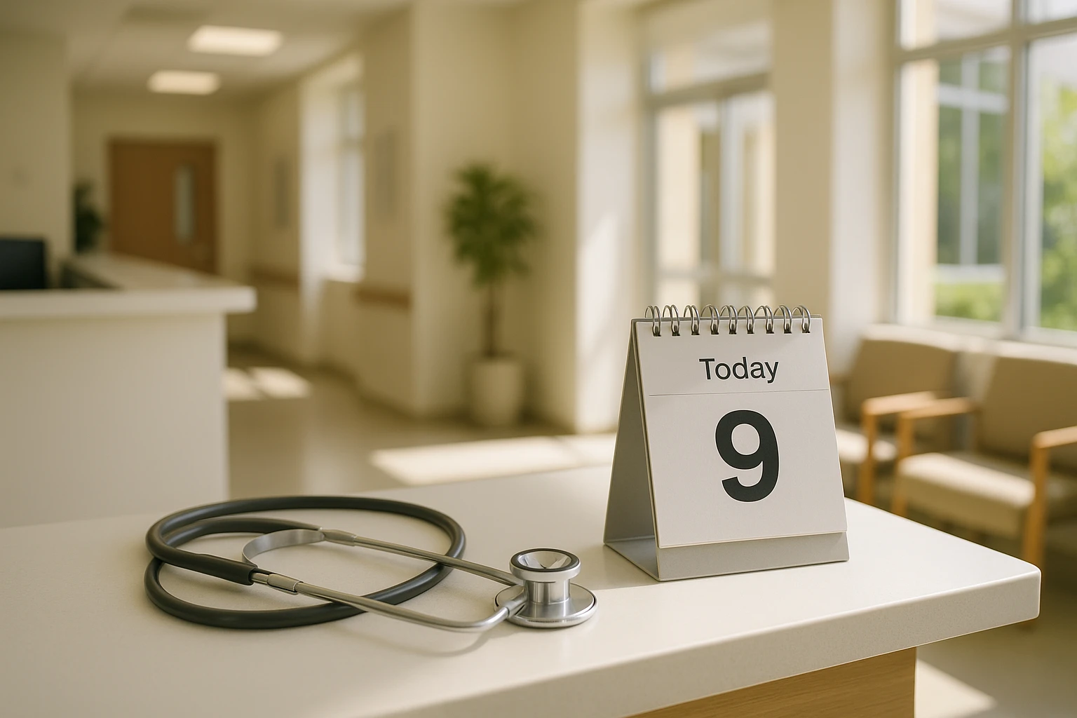 A sunlit clinic reception area with a clear view of a modern stethoscope and a calendar displaying today's date, emphasizing the availability of same-day appointments.