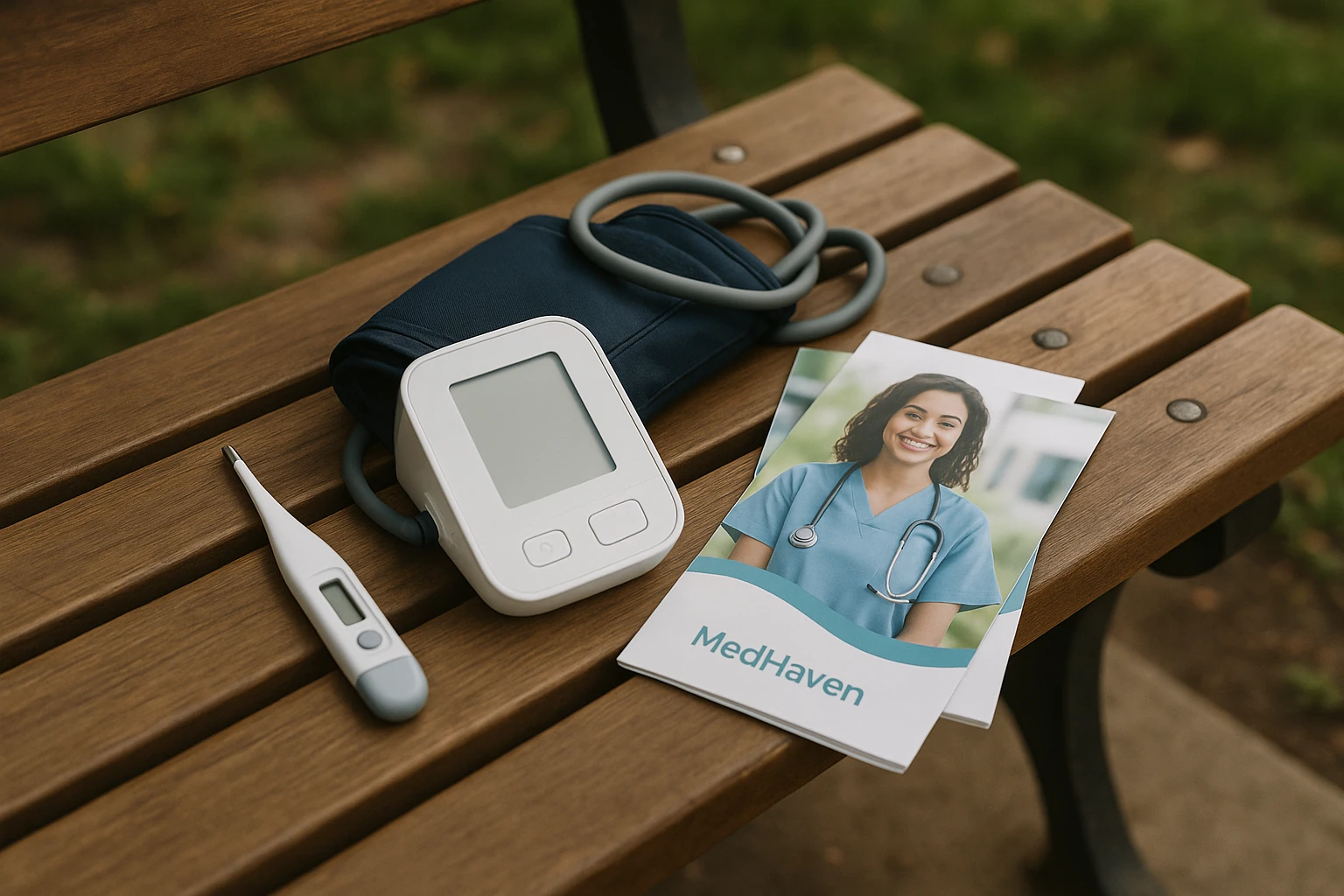 A close-up of a medical kit with a thermometer, blood pressure monitor, and branded MedHaven brochures laid out on a wooden park bench, symbolizing accessible and timely care in a serene outdoor setting.