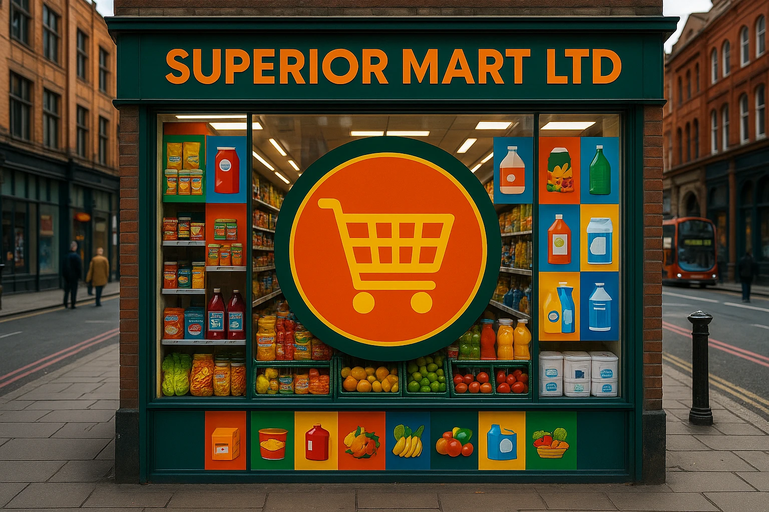 A storefront window displaying the Superior Mart Ltd logo with vibrant, eye-catching signage surrounded by colorful product displays, set in a bustling Manchester street background.
