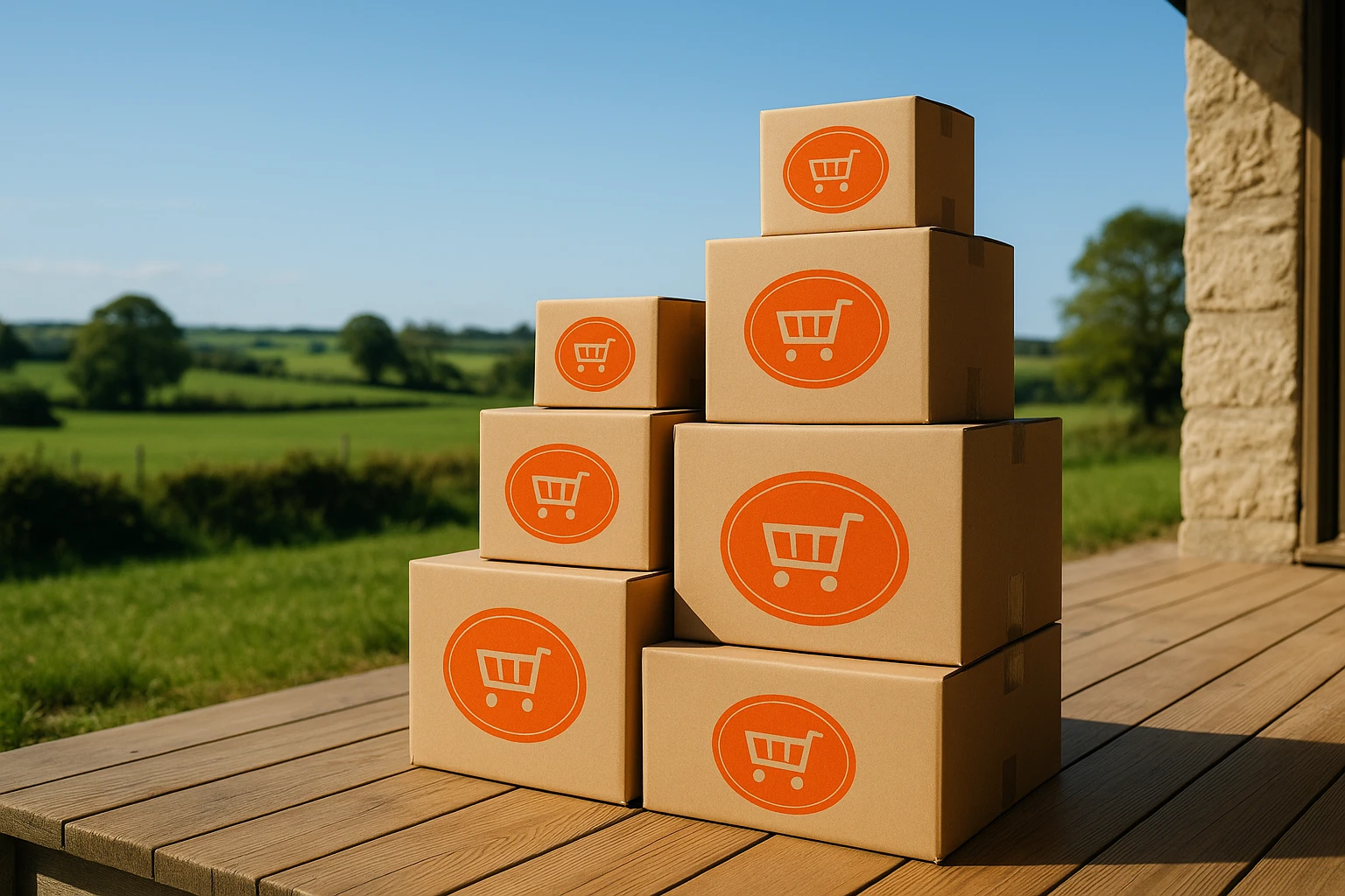 An array of freshly delivered packages with distinctive Superior Mart Ltd branding are stacked neatly on a wooden porch, against the backdrop of a rural English countryside, under a clear blue sky.