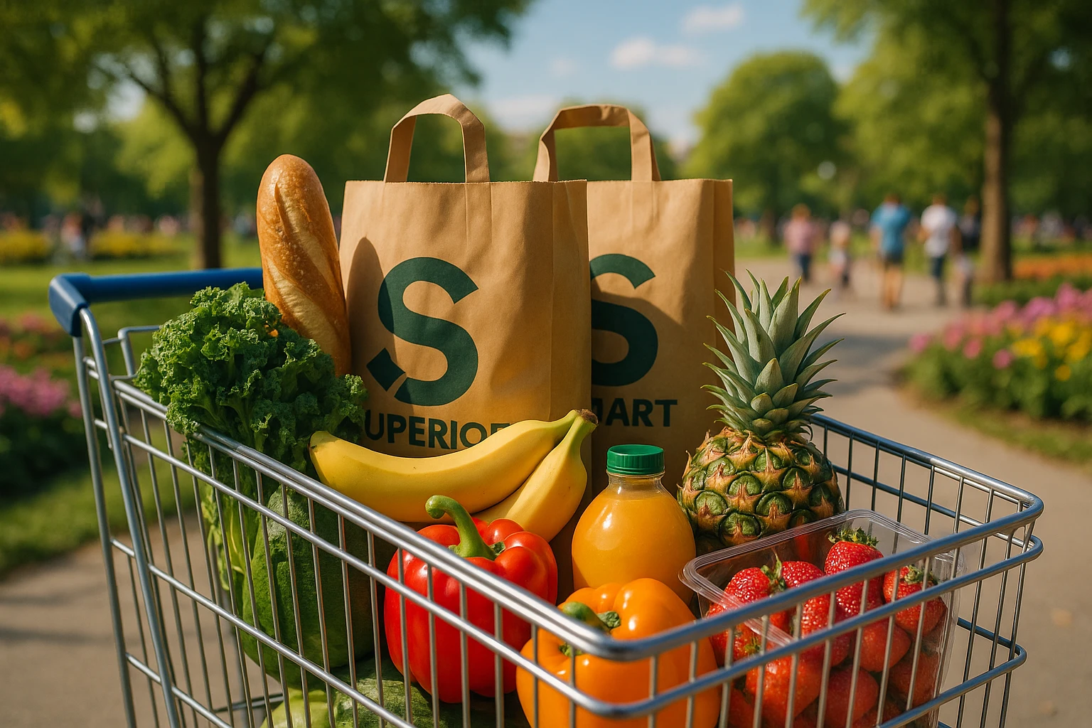 A close-up of a shopping cart filled with colorful groceries and Superior Mart Ltd branded bags, set against the backdrop of a vibrant city park with blooming flowers and strolling families under a clear sky.