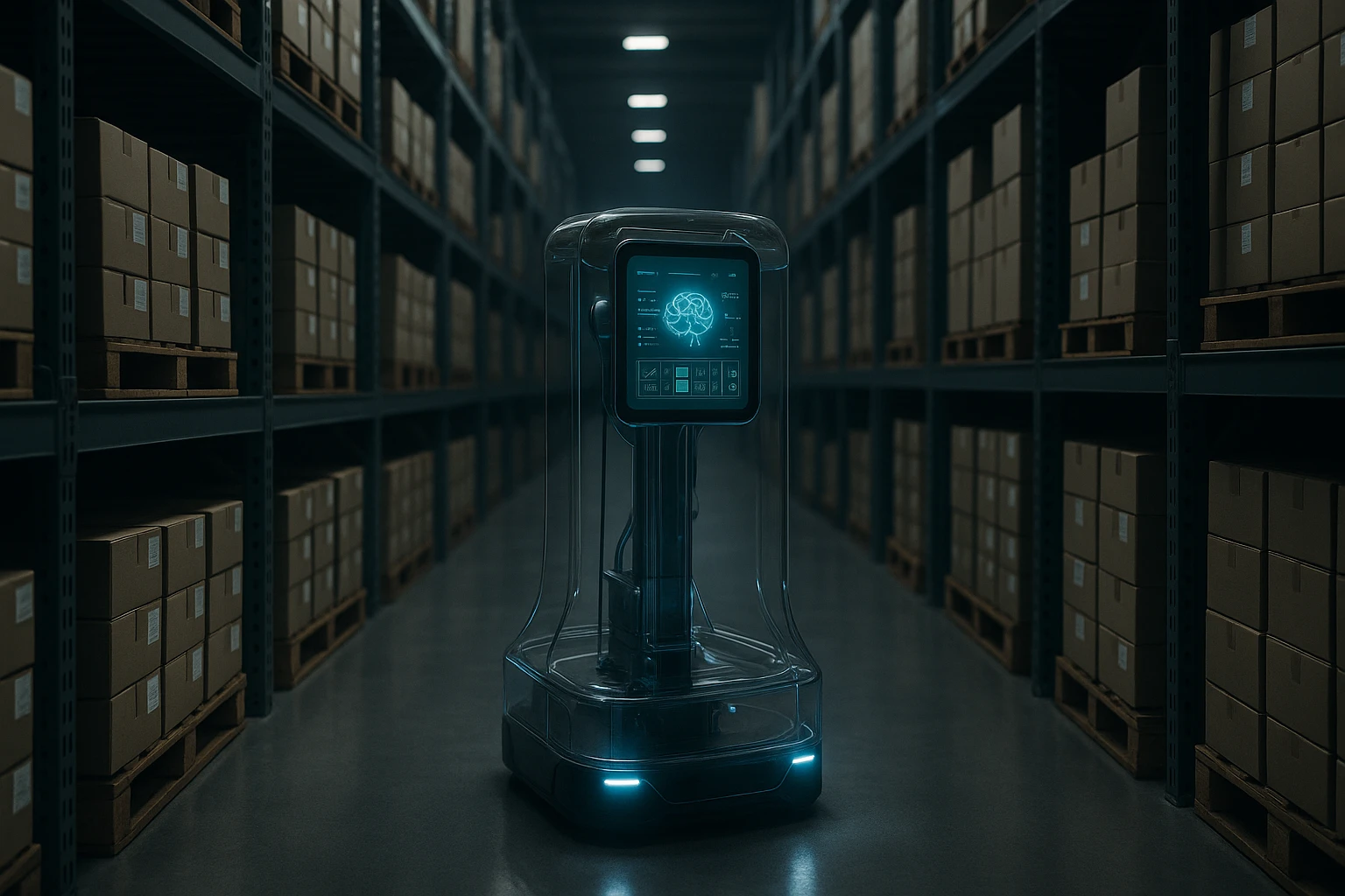 A sleek warehouse interior with rows of shelves containing neatly organized product crates, alongside a futuristic, transparent AI inventory robot maneuvering through the aisles, its digital interface glowing softly in the dimly lit space.