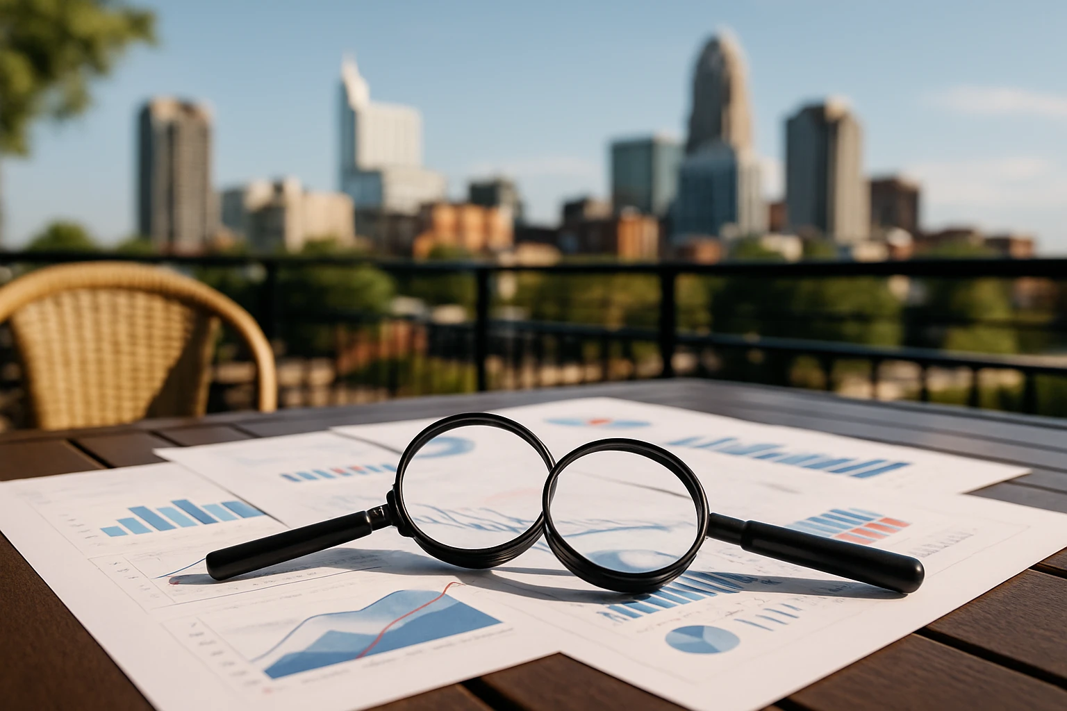 A pair of magnifying glasses lying over a table filled with various financial documents and charts, set in an outdoor cafe with the skyline of a North Carolina city in the background.