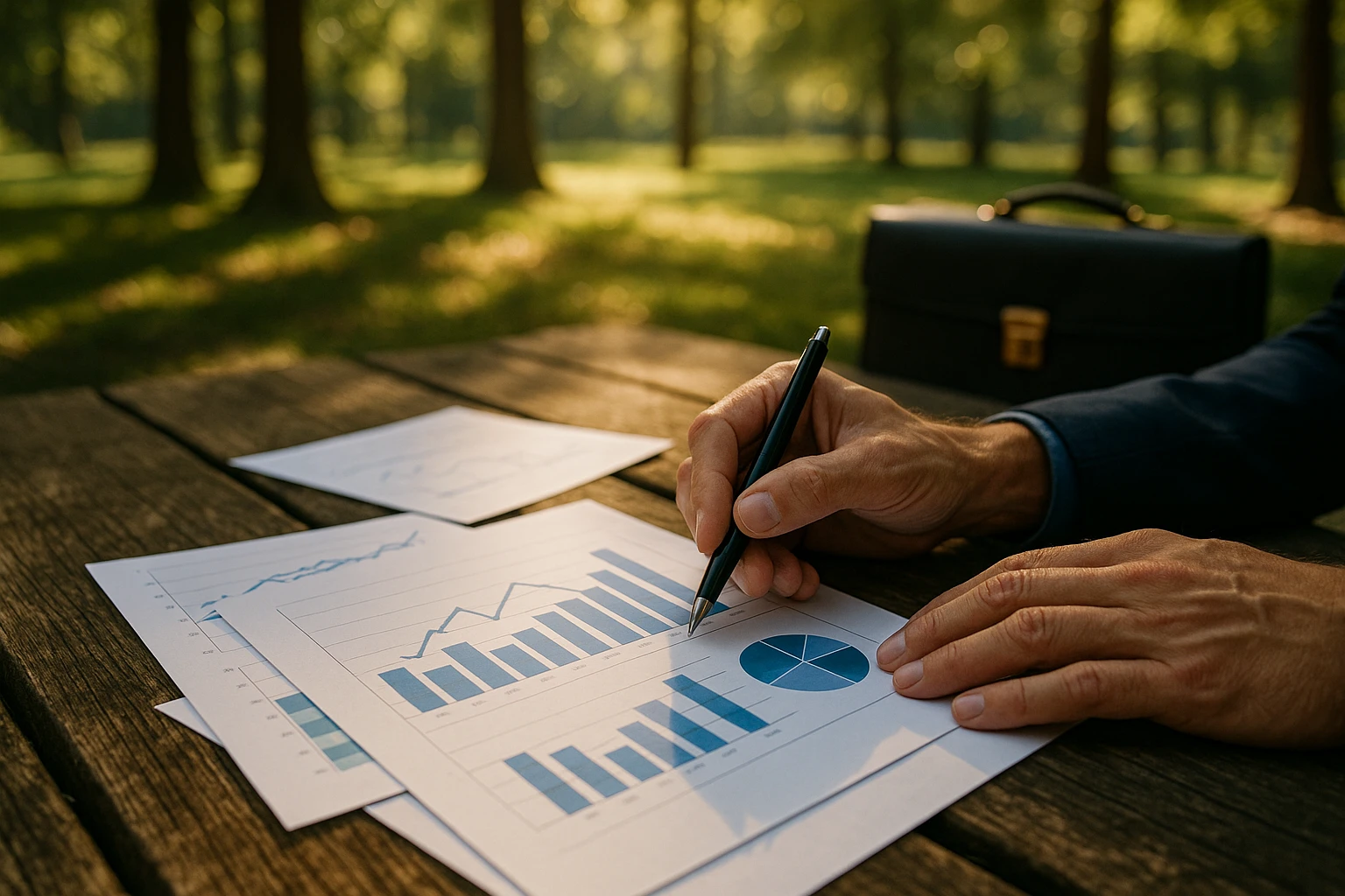 A close-up of hands examining a series of financial graphs and bar charts on a picnic table in a North Carolina park, with sunlight filtering through trees onto the papers and a briefcase partially visible in the background.