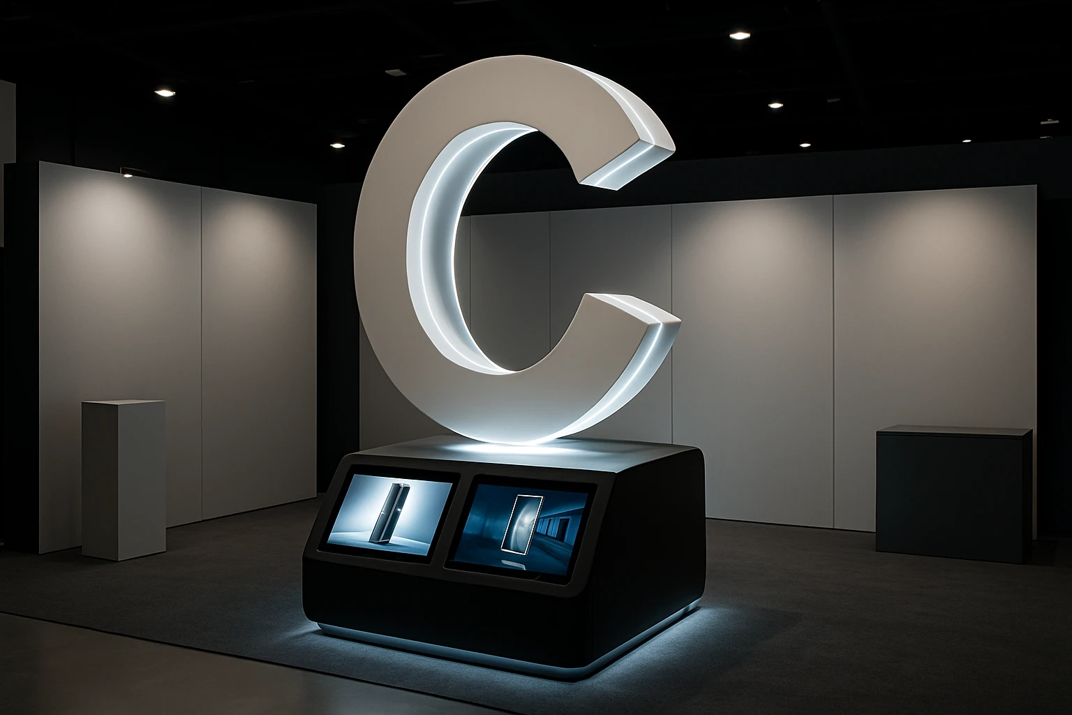 A stylish exhibition stand featuring a towering 3D sculpture shaped like the company logo, illuminated by soft LED lights, with interactive touch screens embedded into the base, showcasing product videos amid a backdrop of minimalist branded panels.