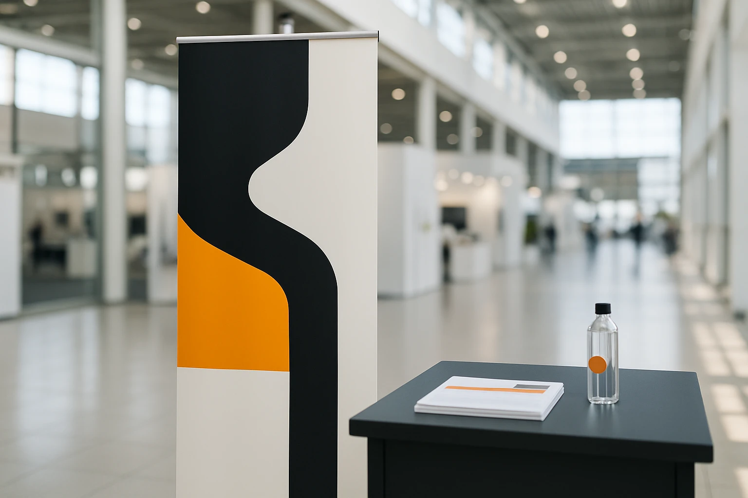 A sleek banner stand displayed at a bright exhibition hall, featuring a minimalistic design with bold typography and vibrant color accents, positioned next to a table with brochures and a branded water bottle.