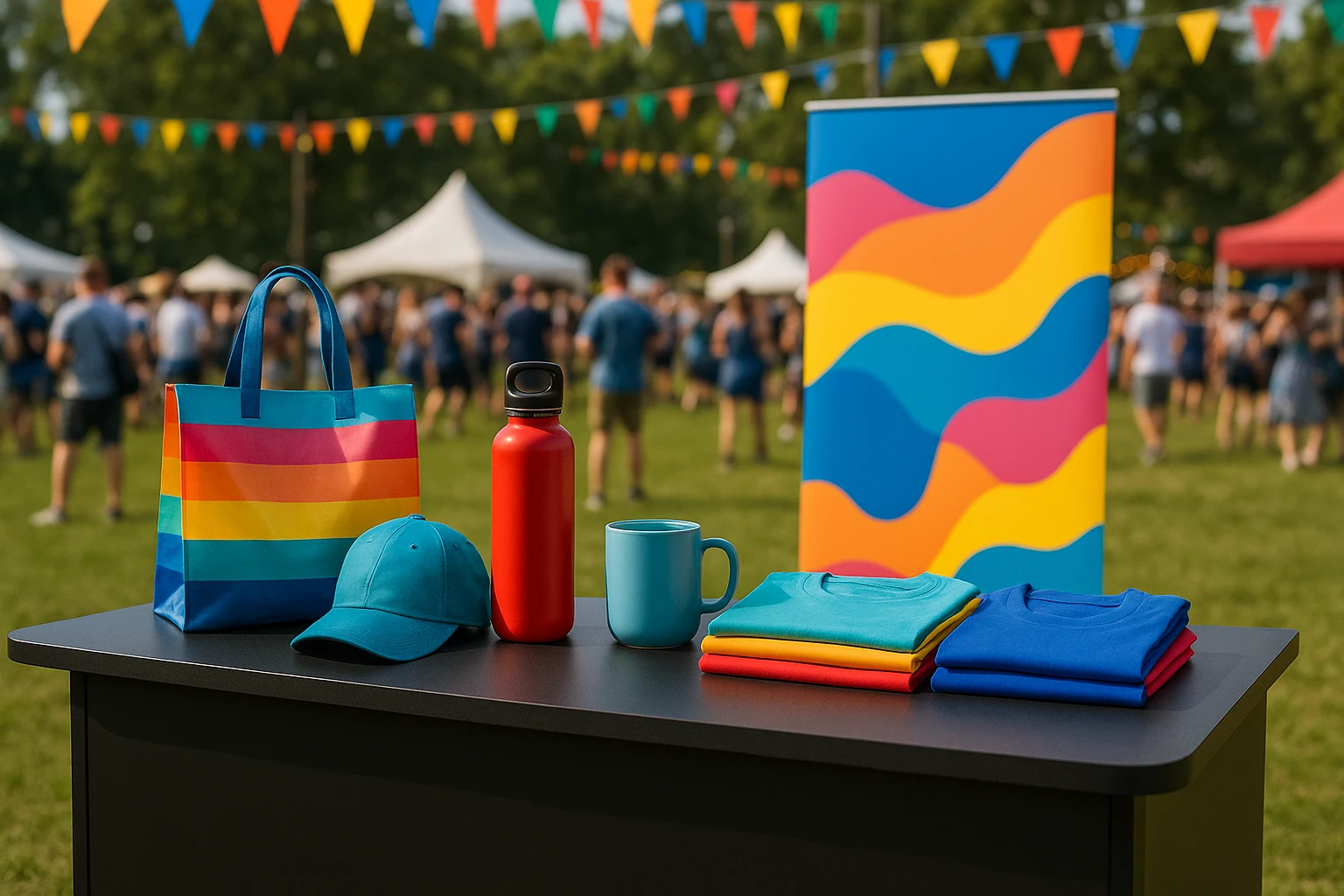 A sleek promotional counter set up at an outdoor festival, showcasing a vibrant array of branded merchandise, with colorful banners and a backdrop of a bustling crowd enjoying the event.