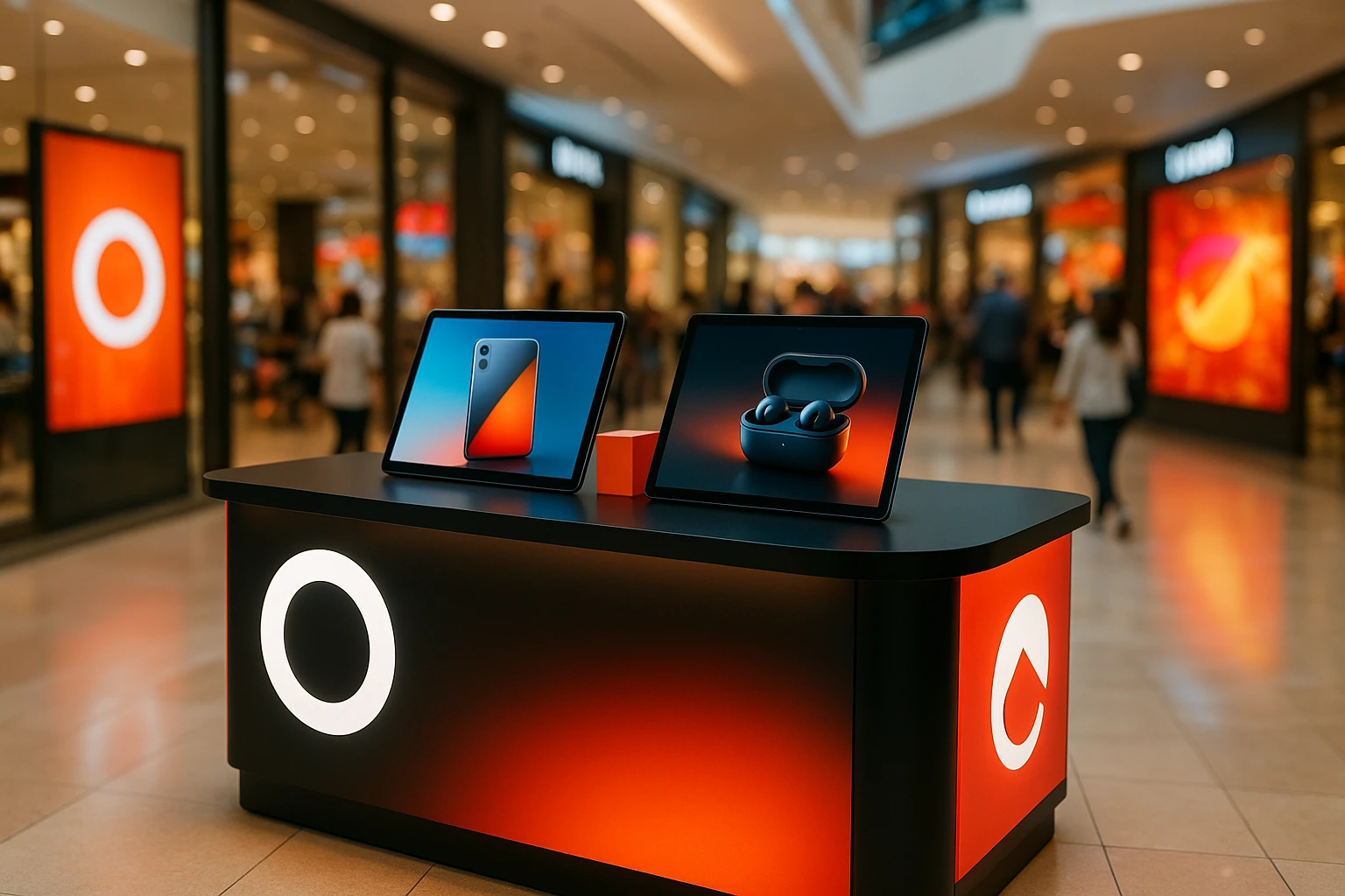 A promotional counter in a bustling shopping mall features a sleek, modern design with bold branding and interactive digital screens allowing passersby to explore new products, surrounded by vivid company logos and eye-catching promotional materials.