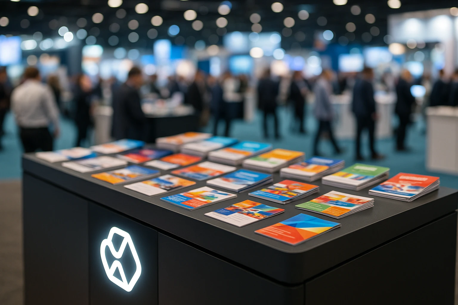 exhibition counter A sleek, modern exhibition counter displaying an array of vibrant brochures and promotional materials, with a bold, illuminated company logo on the front, set against the backdrop of a bustling trade show floor.