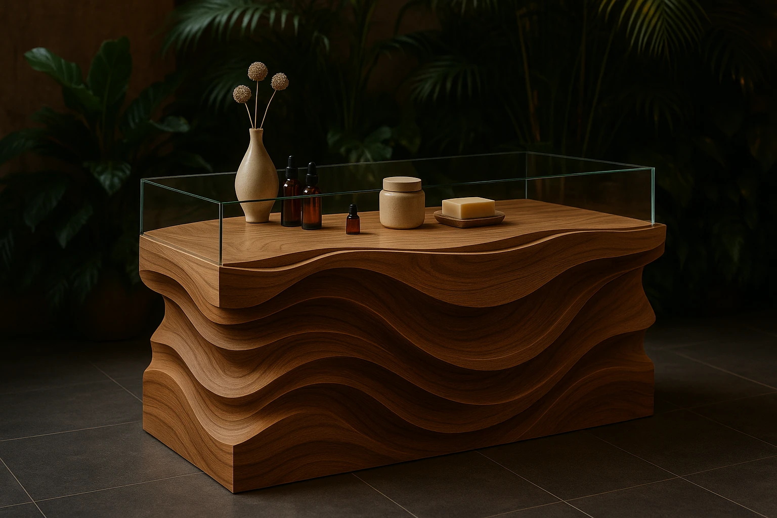 display counter An intricately designed exhibition counter resembling a wave, crafted with natural wood and glass, showcasing a delicate arrangement of artisanal products against a backdrop of lush green plants, with soft, ambient lighting enhancing the earthy tones.