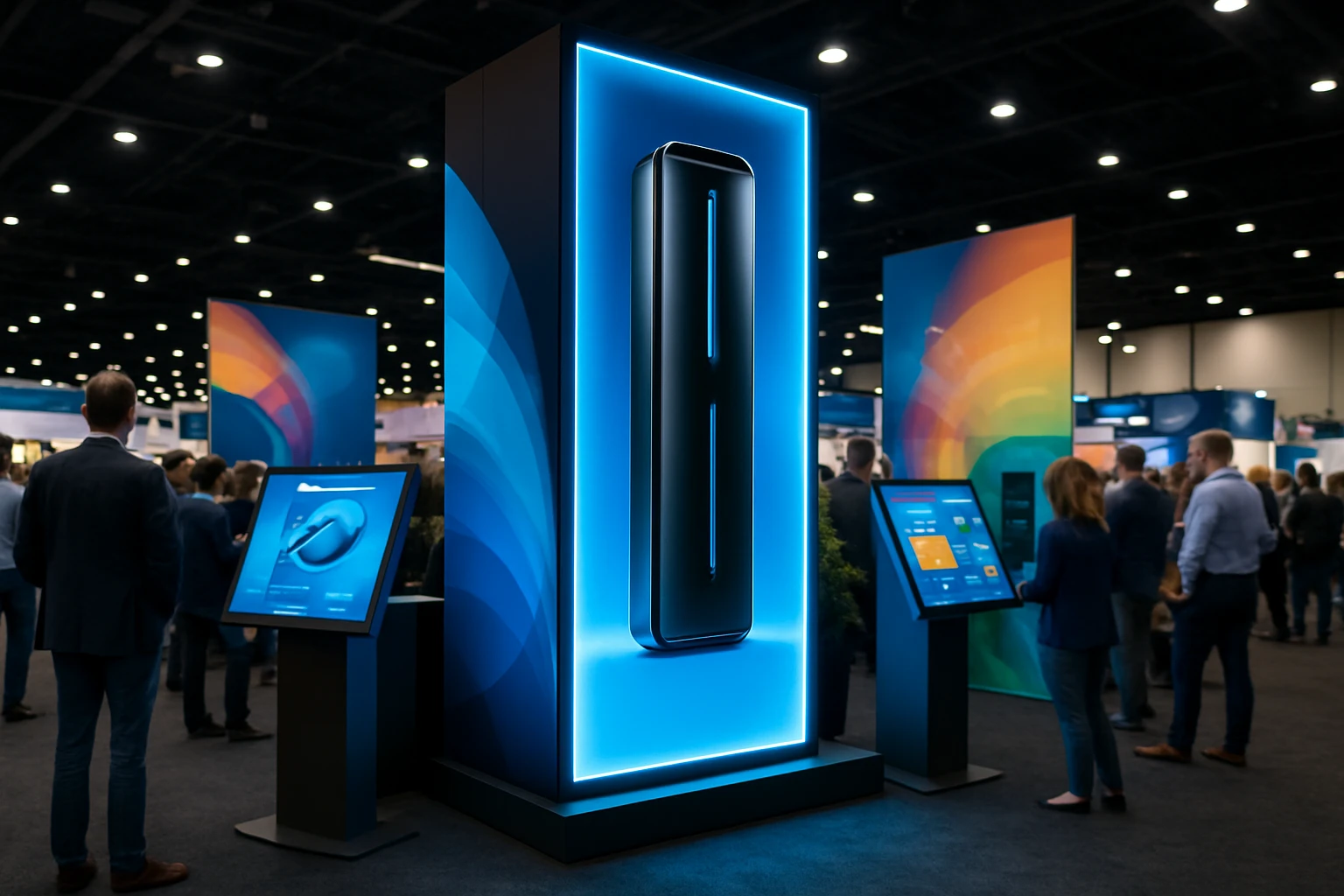 A vibrant trade show booth featuring a towering, illuminated display showcasing a sleek, modern product, surrounded by interactive touchscreens and colorful banners highlighting the brand's innovative solutions.