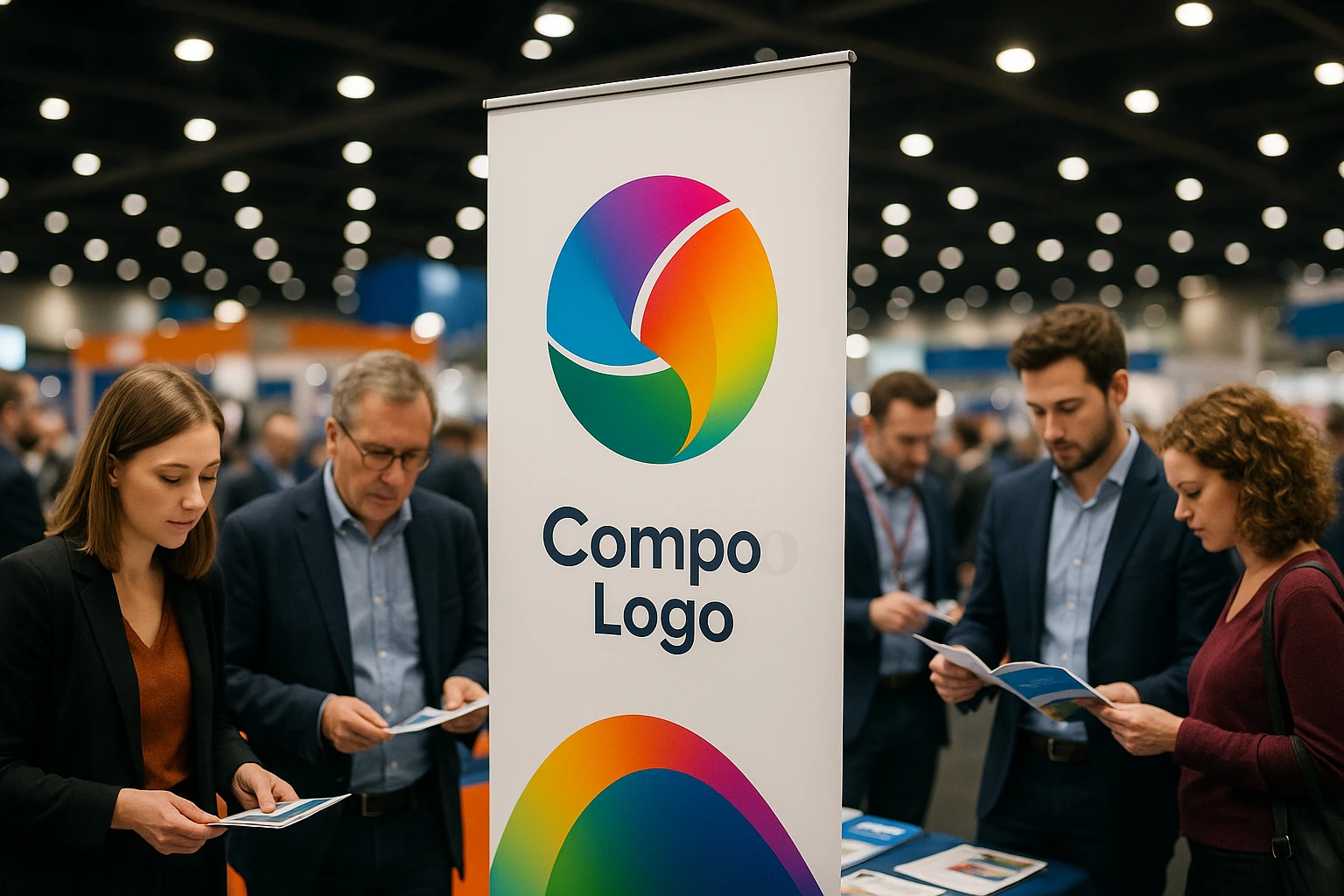 Banner Stand Design Guidance A vibrant trade show scene in the UK featuring a sleek, high-quality banner stand displaying a colorful company logo and tagline, surrounded by curious attendees examining various promotional materials under bright overhead lights.