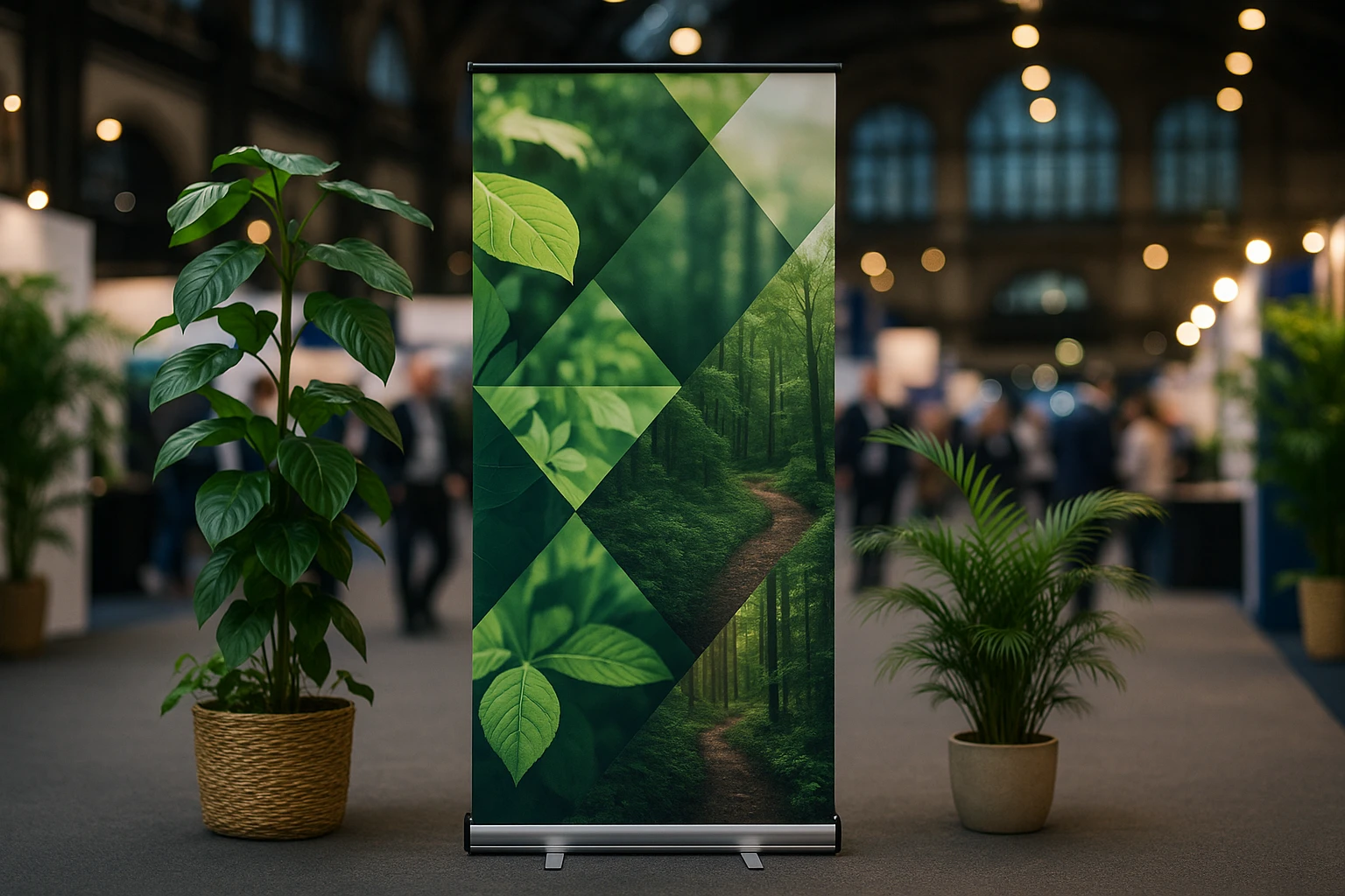 In a bustling UK exhibition hall, a sleek, portable banner stand showcases a striking geometric design highlighting a company's eco-friendly initiatives, surrounded by lush potted plants and ambient lighting that accentuates the nature-themed message.