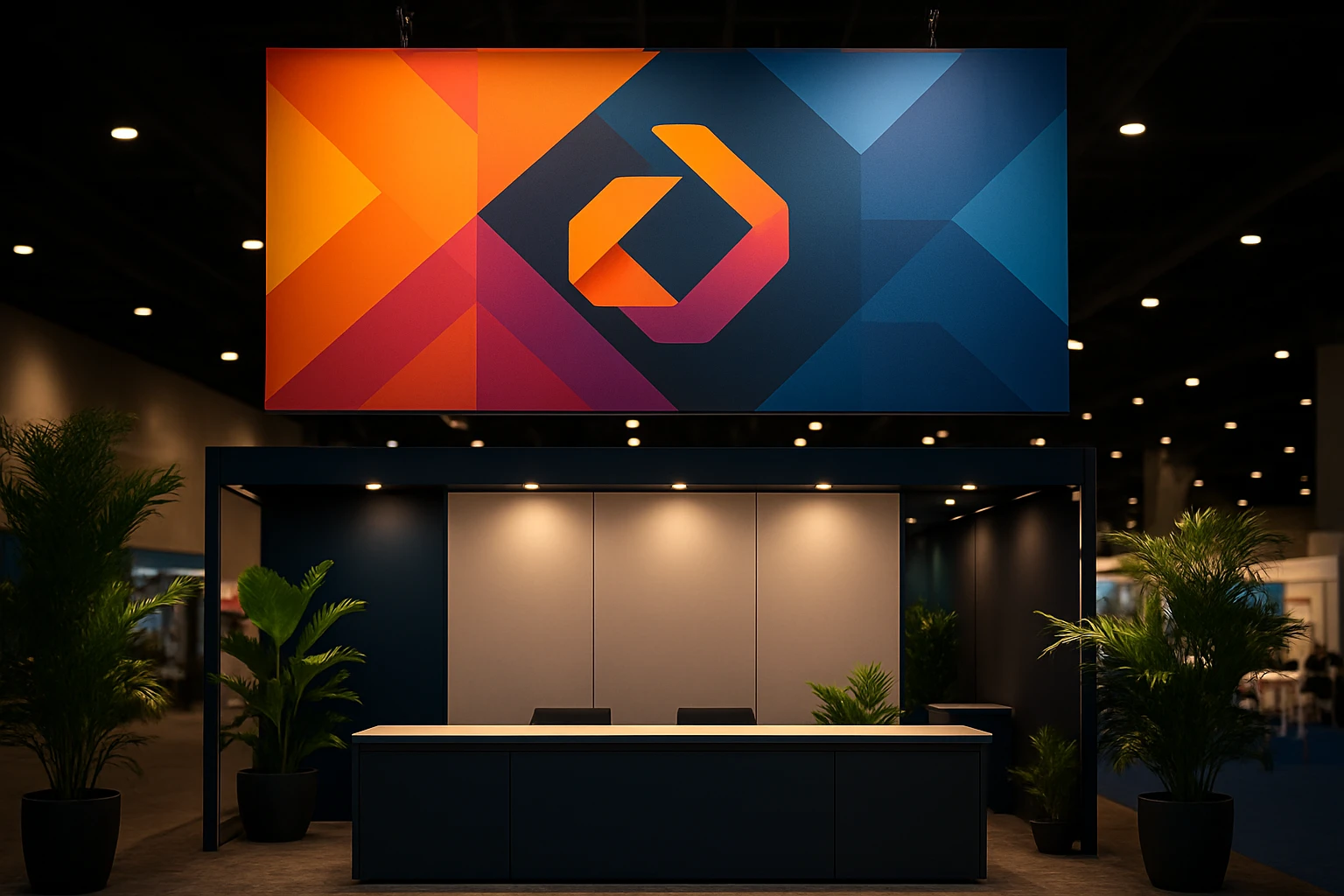 Trade Show A vibrant trade show banner featuring bold, geometric shapes and a striking logo hangs prominently above a sleek, modern exhibition booth surrounded by potted plants and illuminated by soft, ambient lighting.