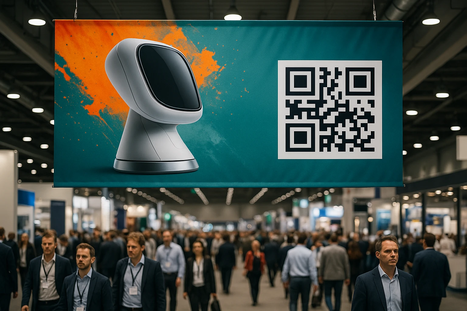 A large trade show banner with vivid splashes of orange and teal hangs at the entrance of a bustling exhibition hall, depicting a crisp image of a futuristic product prototype next to bold typography offering a clear message, while a large, sleek QR code invites attendees to engage digitally.