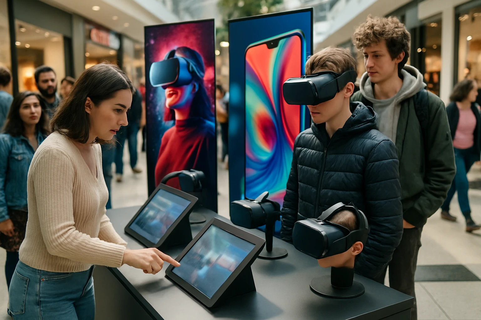 promotional marketing stand A bustling mall with a promotional marketing stand featuring sleek touchscreens and VR headsets, surrounded by vibrant pop-up banners displaying vivid brand imagery, and curious shoppers interacting with the technology.