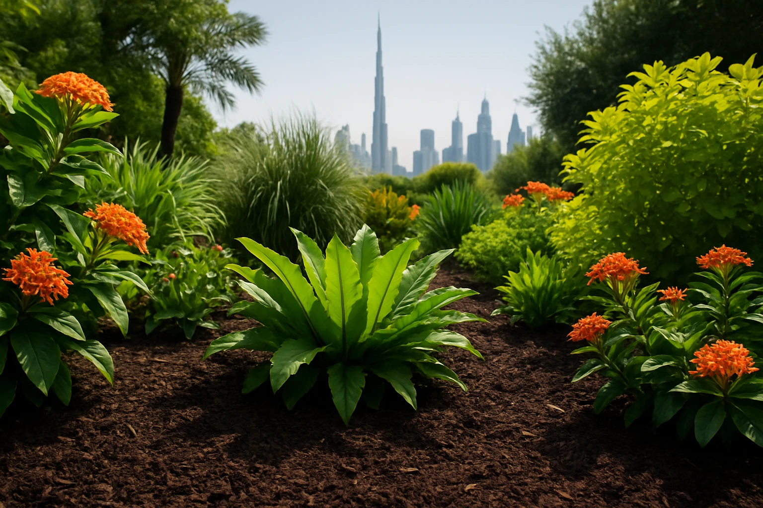 A lush Dubai garden featuring a variety of vibrant plants, with a layer of rich, dark organic mulch blanketing the soil, enhancing the greenery and emphasizing the eco-friendly gardening approach against the backdrop of the city skyline.