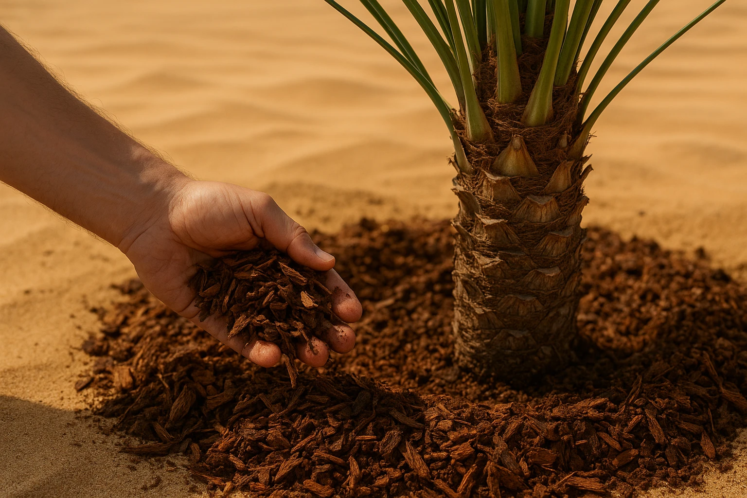 A close-up of a hand spreading organic mulch around the base of a young palm tree in a Dubai garden, with golden desert sand in the background contrasting against the rich, earthy tones of the mulch.