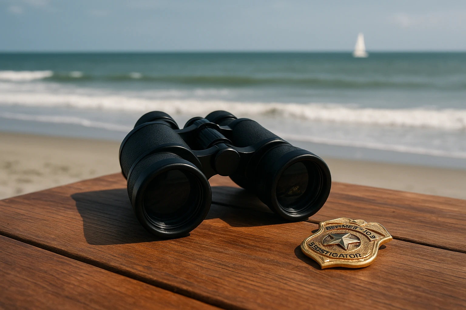 A pair of binoculars lying on a wooden beachside table with a private investigator's badge beside them, set against the backdrop of Cocoa Beach's sandy shoreline and a distant sailboat on the horizon.