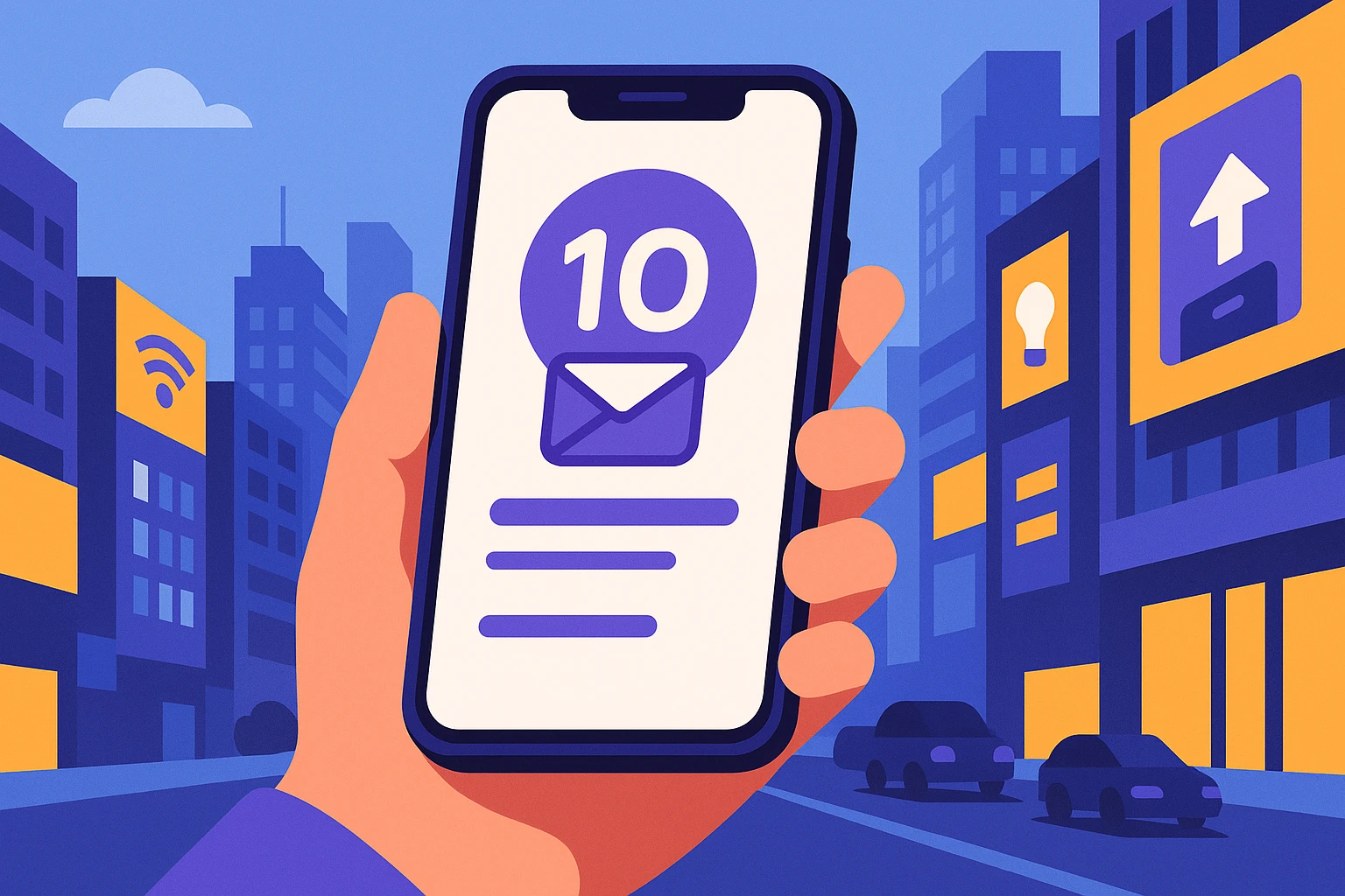 A smartphone held in a hand outdoors, displaying the 10Genmail logo and interface, with a cityscape background showcasing bustling streets and digital billboards promoting modern tech solutions.