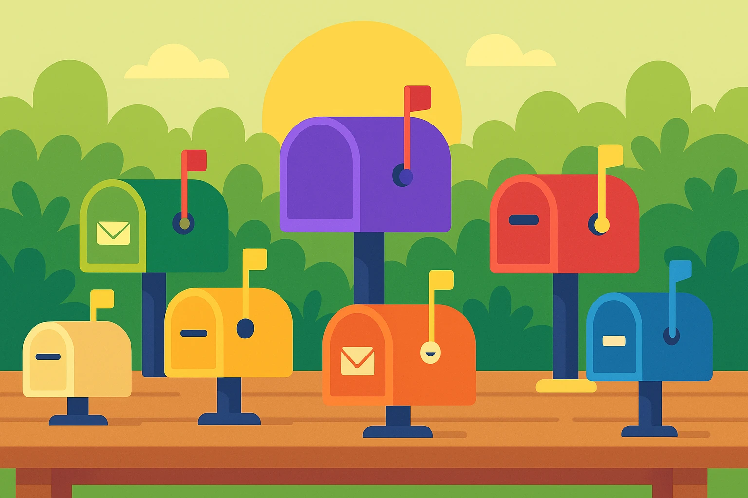 A collection of seven tiny mailboxes on a wooden table, each with a unique design and labeled with different fake email generator names, including 10Genmail prominently displayed in the center, surrounded by a backdrop of sunny greenery.