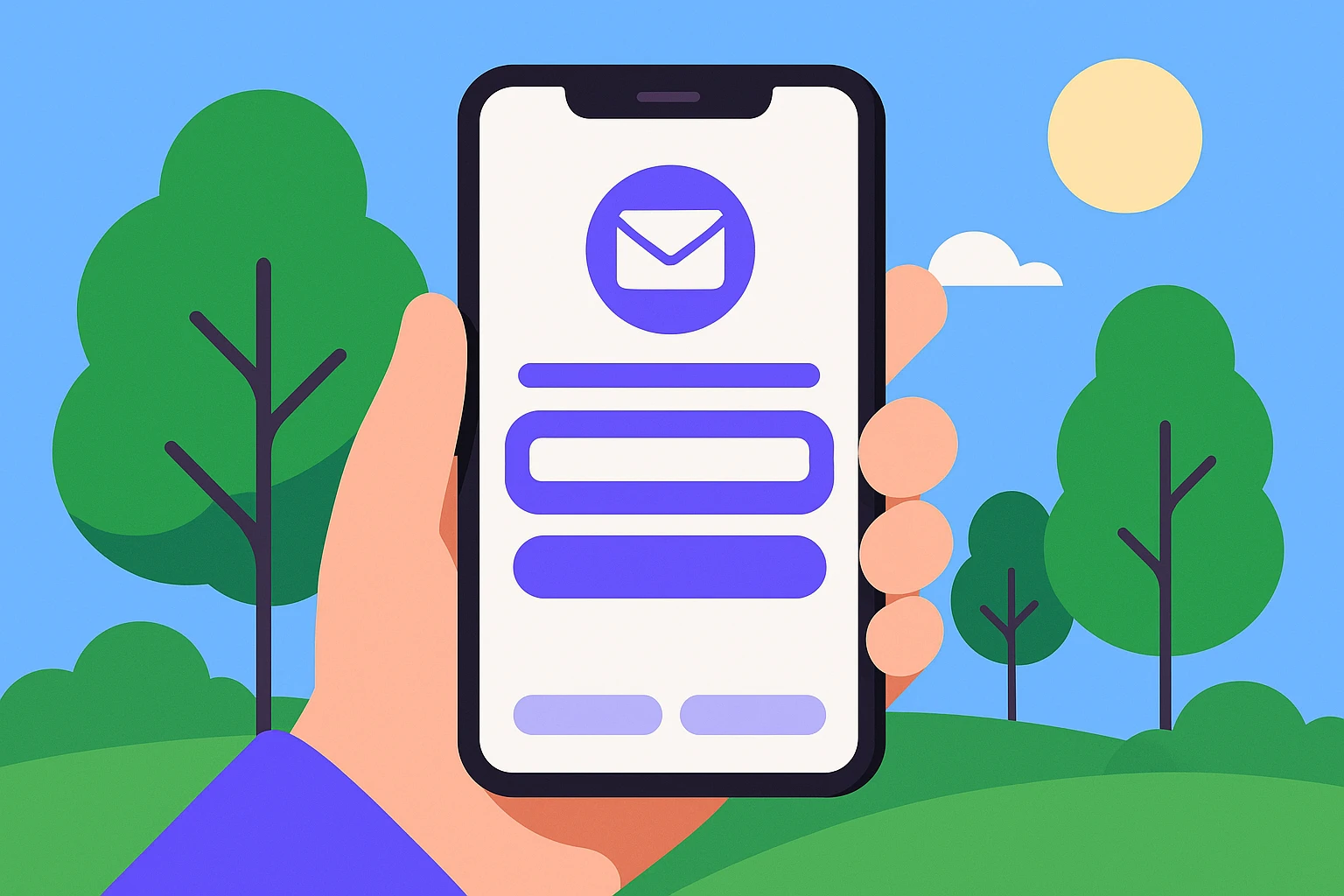 A smartphone held outdoors displaying the 10Genmail website, with a temporary email address visible on the screen, surrounded by green trees and a bright blue sky in the background.