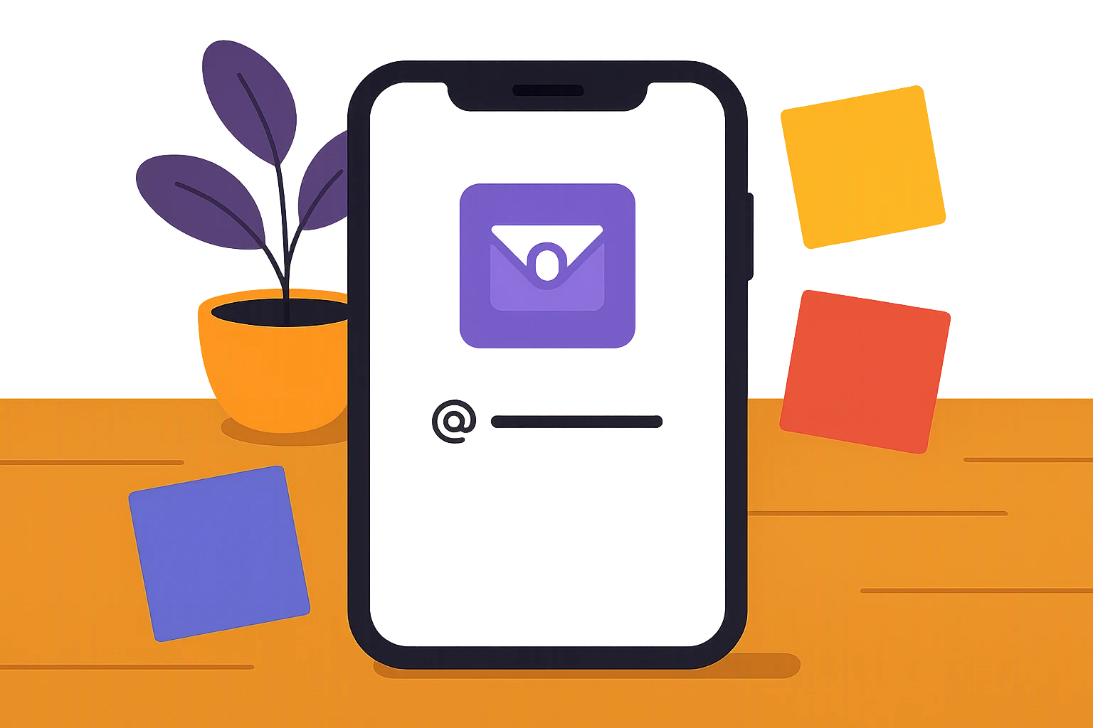 A close-up of a smartphone screen with the 10Genmail logo and a temporary email address, surrounded by colorful sticky notes and a plant in the background, set on a wooden table.