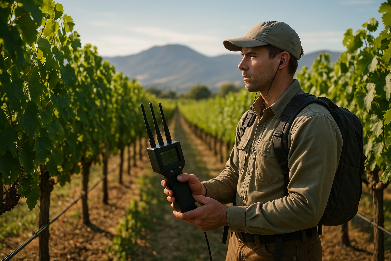 In a sunlit Napa Valley vineyard, a technician in outdoor gear uses a handheld RF scanner, monitoring for hidden electronic devices amidst rows of lush grapevines, with mountains softly silhouetted in the background.