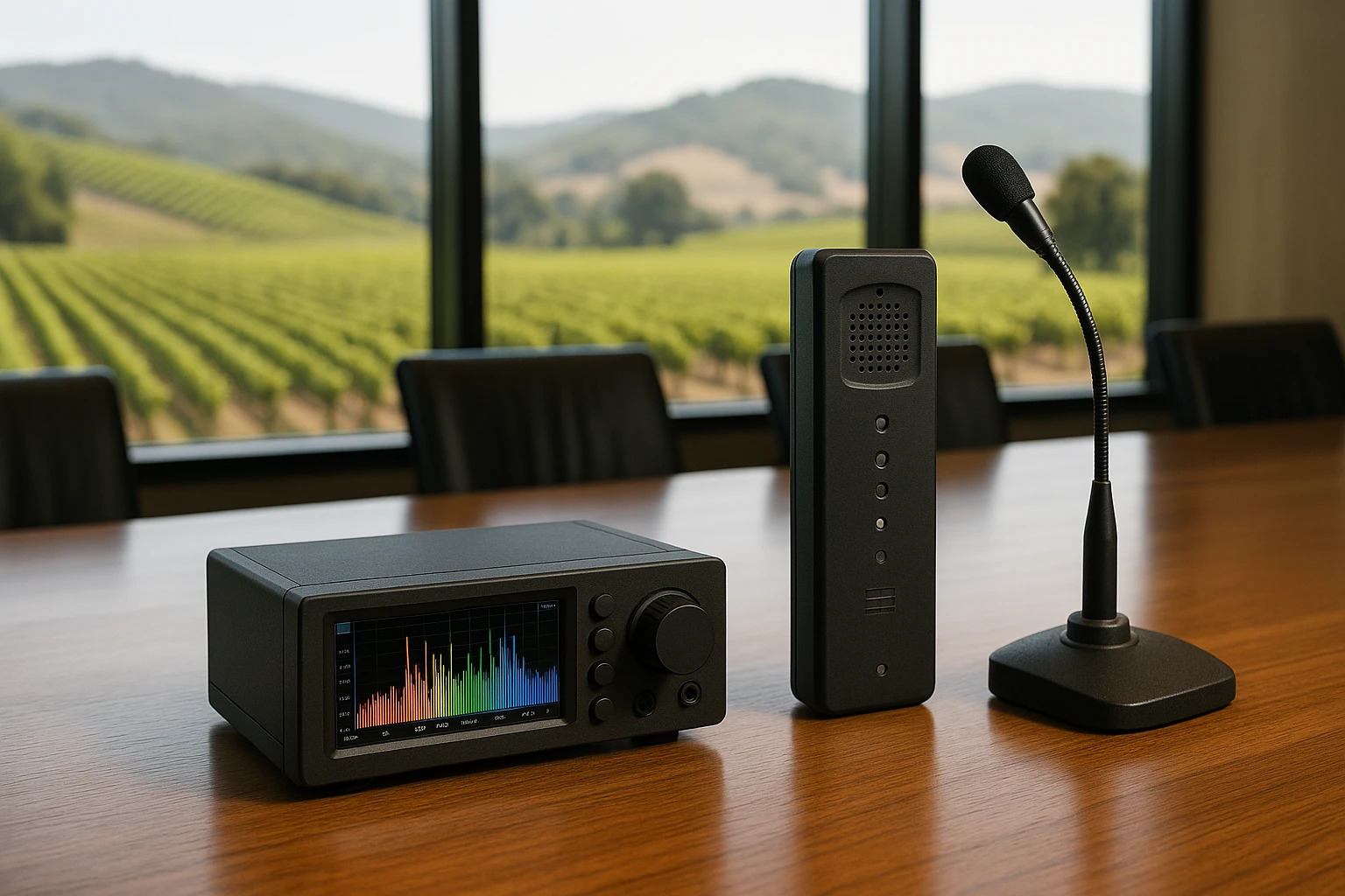 Inside a sleek conference room in Napa Valley, a small, high-tech spectrum analyzer sits on a wooden table next to a sophisticated microphone detector, with large windows revealing rolling vineyards outside, emphasizing the blend of high-tech and natural beauty.
