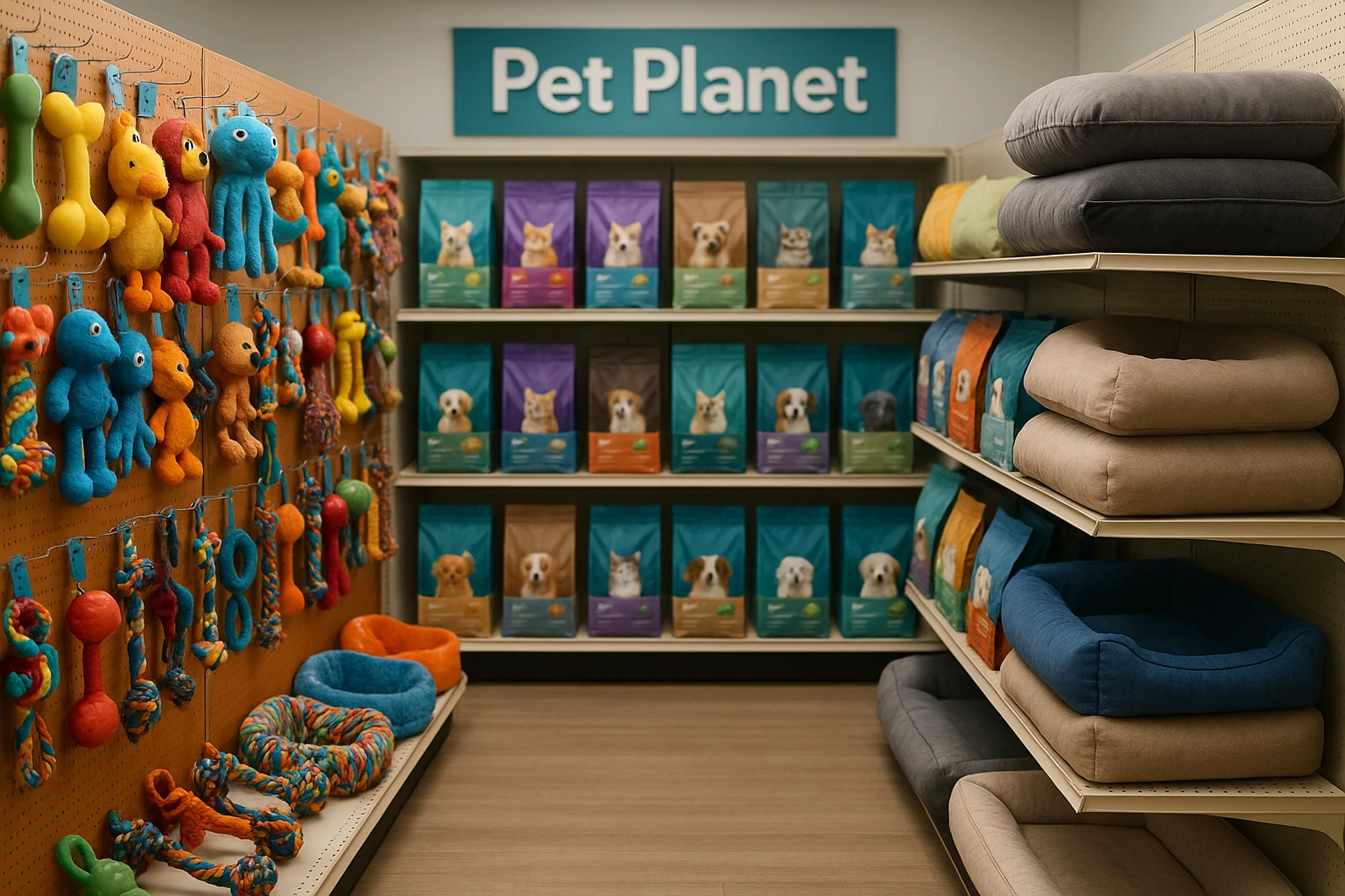 A vibrant pet store aisle filled with colorful pet toys, bags of premium pet food, and plush pet beds, with a Pet Planet sign visible above the shelves.
