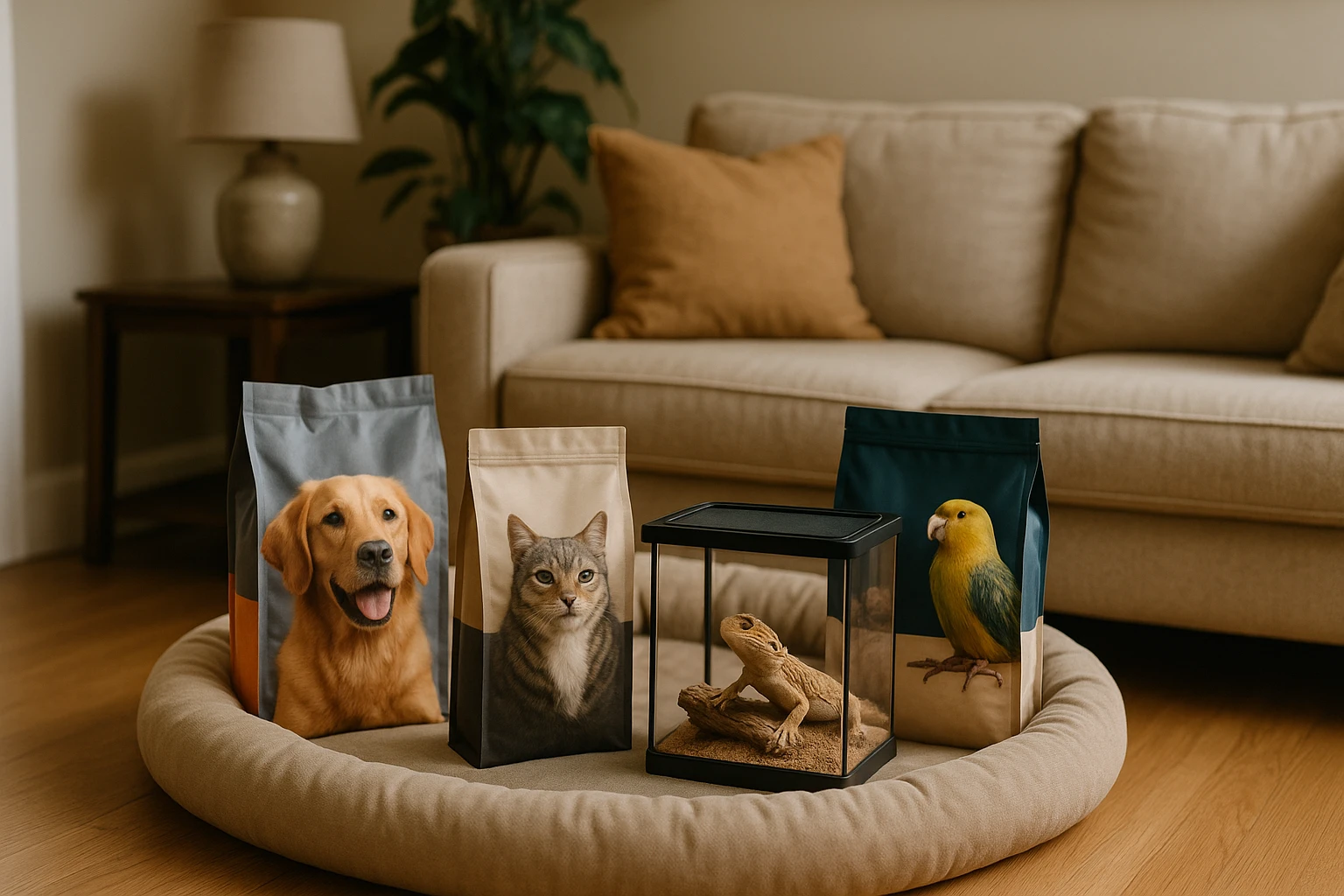 A cozy living room setting with a large, plush pet bed in the corner, surrounded by an assortment of high-quality pet food bags for dogs, cats, and birds, alongside a small terrarium with a content reptile.
