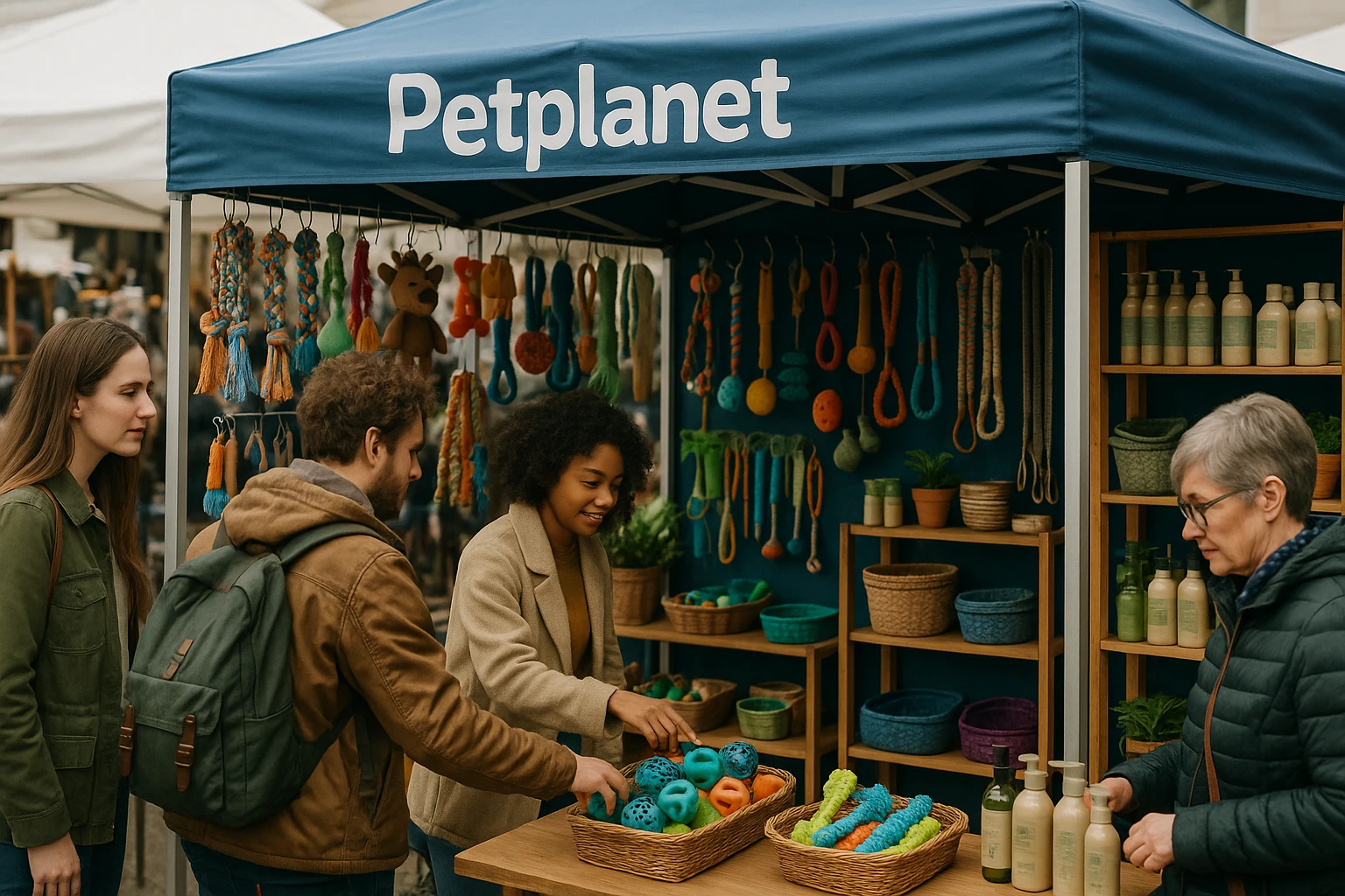 A bustling outdoor market scene with a Petplanet-branded tent featuring colorful pet accessories hanging on display, surrounded by customers browsing through interactive pet toys and eco-friendly pet grooming products.