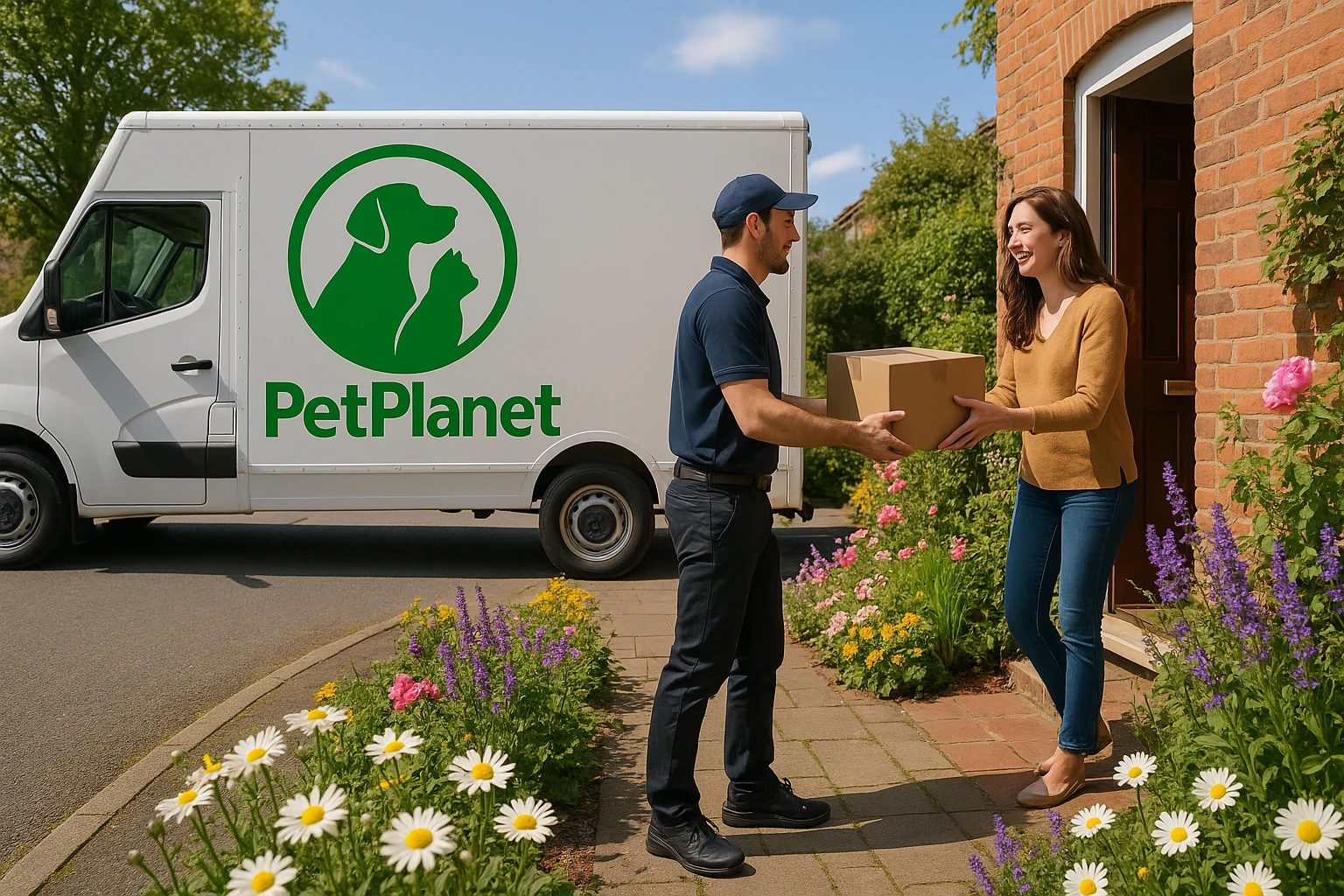 A delivery truck with the Petplanet logo parked on a suburban street, with a courier handing over a package to a delighted customer at their doorstep, surrounded by blooming garden flowers and a clear blue sky.