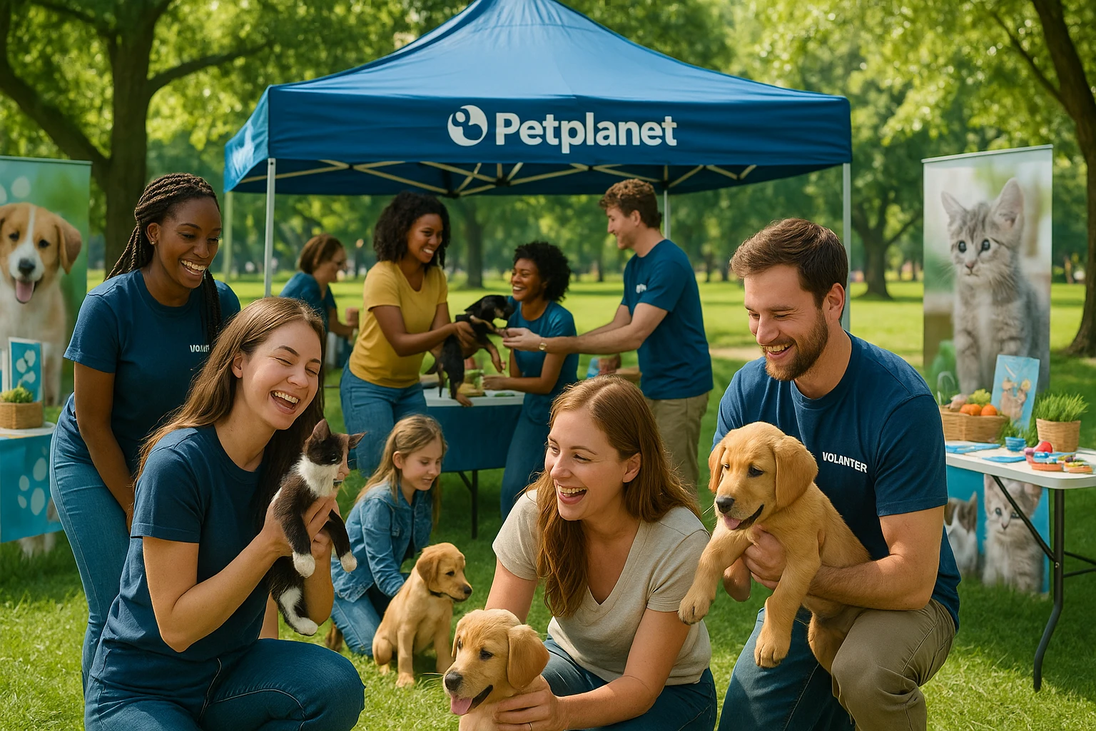 A cheerful pet adoption event at a park with a Petplanet tent, where volunteers assist excited visitors as they interact with playful puppies and kittens, surrounded by banners and tables displaying pet care pamphlets and toys.