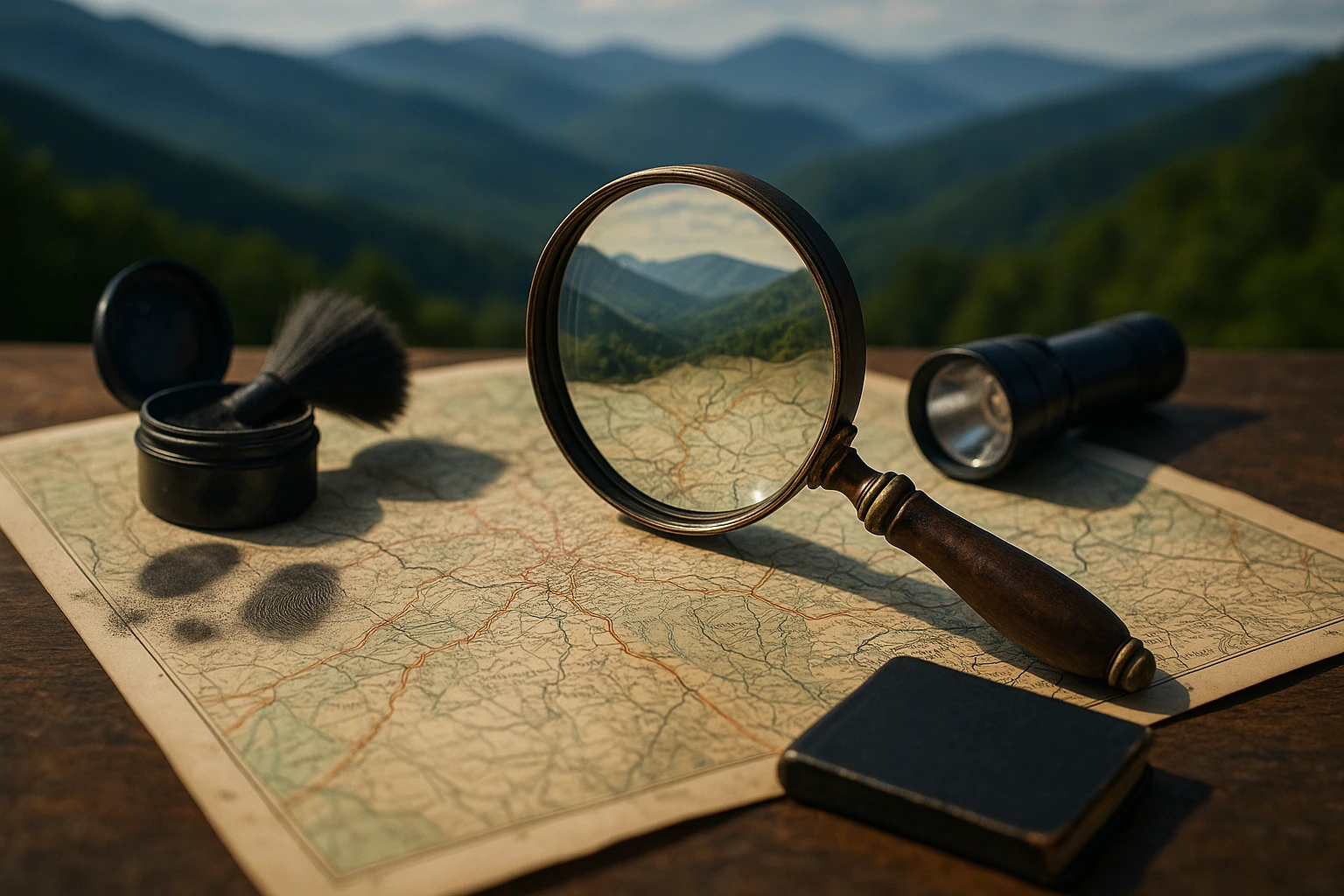 A vintage magnifying glass resting on an old map of Asheville, North Carolina, surrounded by scattered investigative tools like fingerprint powder, a flashlight, and a small notebook amidst the scenic backdrop of the Blue Ridge Mountains.