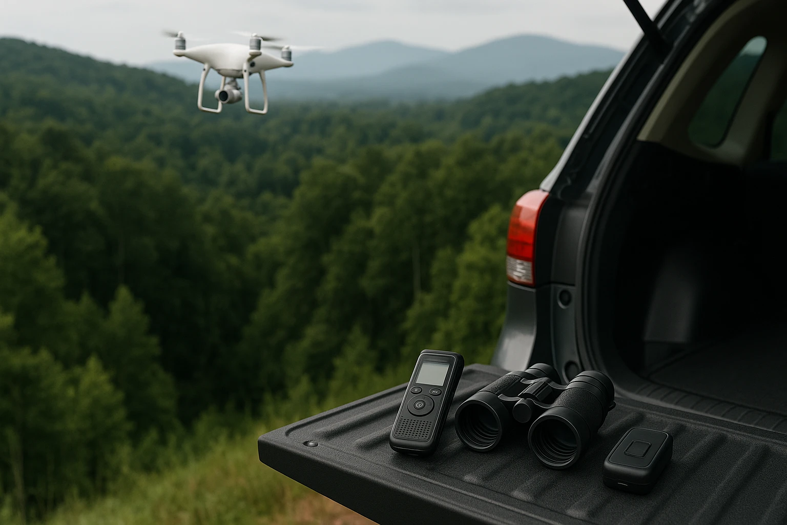 A drone equipped with a camera flies over a dense forest on the outskirts of Asheville, capturing high-resolution images, while a detective's toolkit with a digital recording device, compact binoculars, and a GPS tracker rests on the tailgate of a parked SUV nearby.