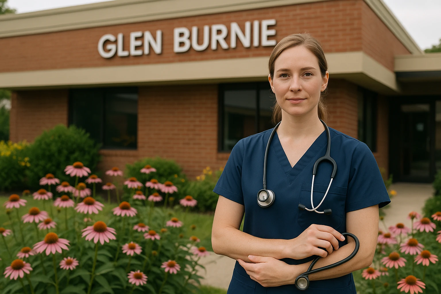 A nurse holding a stethoscope while standing outside a local clinic in Glen Burnie, surrounded by flowering plants, with the clinic's name on the building in the background.