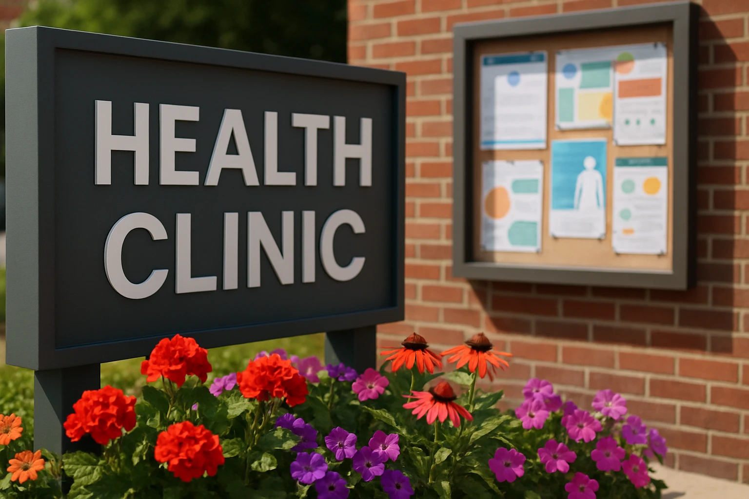 A close-up of a local Glen Burnie health clinic's sign with vibrant flowers in front and a community bulletin board displaying health-related flyers to the side.