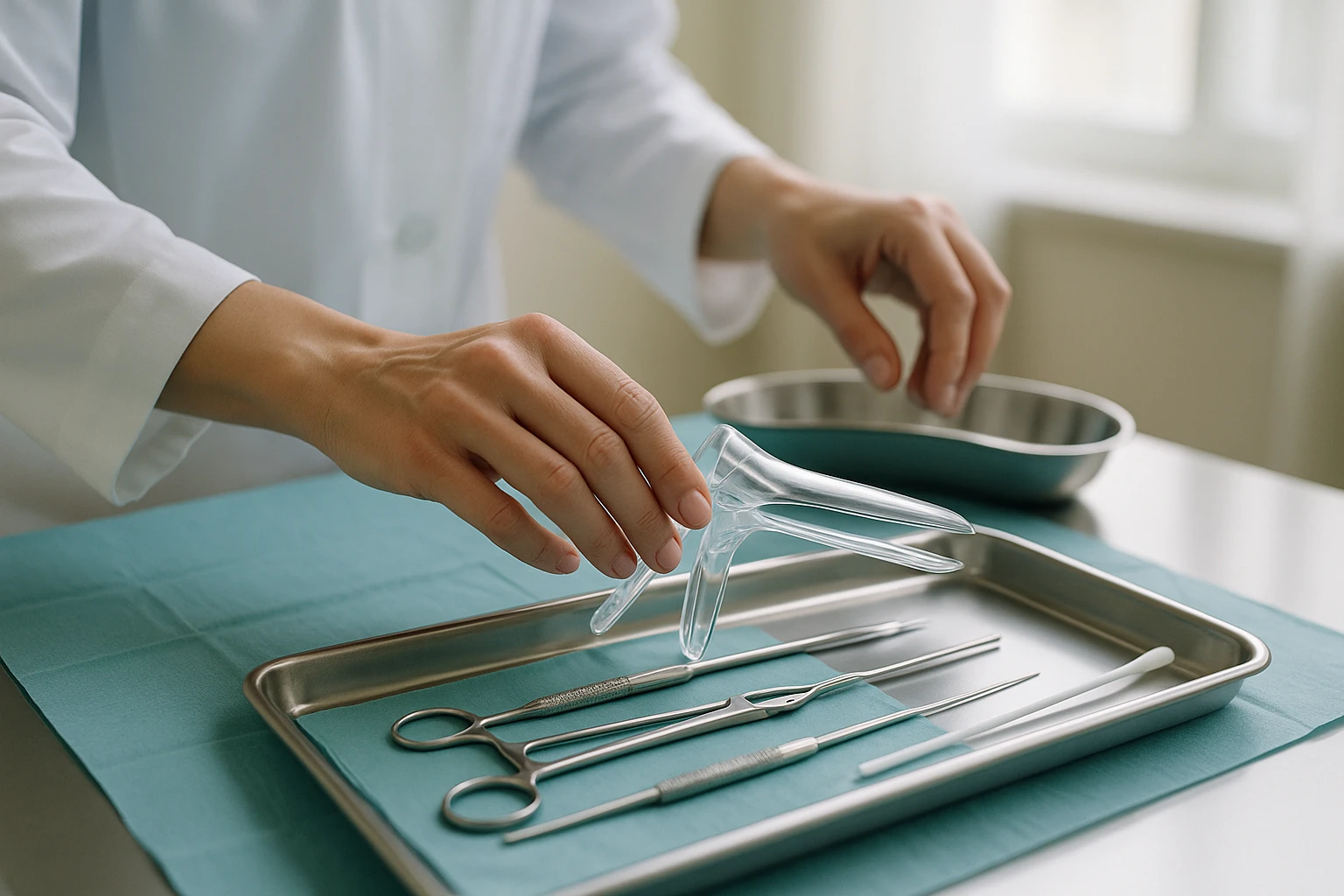 A close-up of a medical professional's hands organizing various gynecological tools and instruments on a sterile tray, with a background of soft natural lighting filtering through a window in a clinic setting.