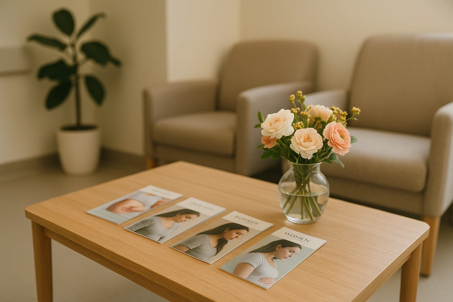 A small, cozy waiting area in a clinic with informational brochures about women's health neatly displayed on a wooden coffee table, and a vase of fresh flowers adding a welcoming touch to the space.