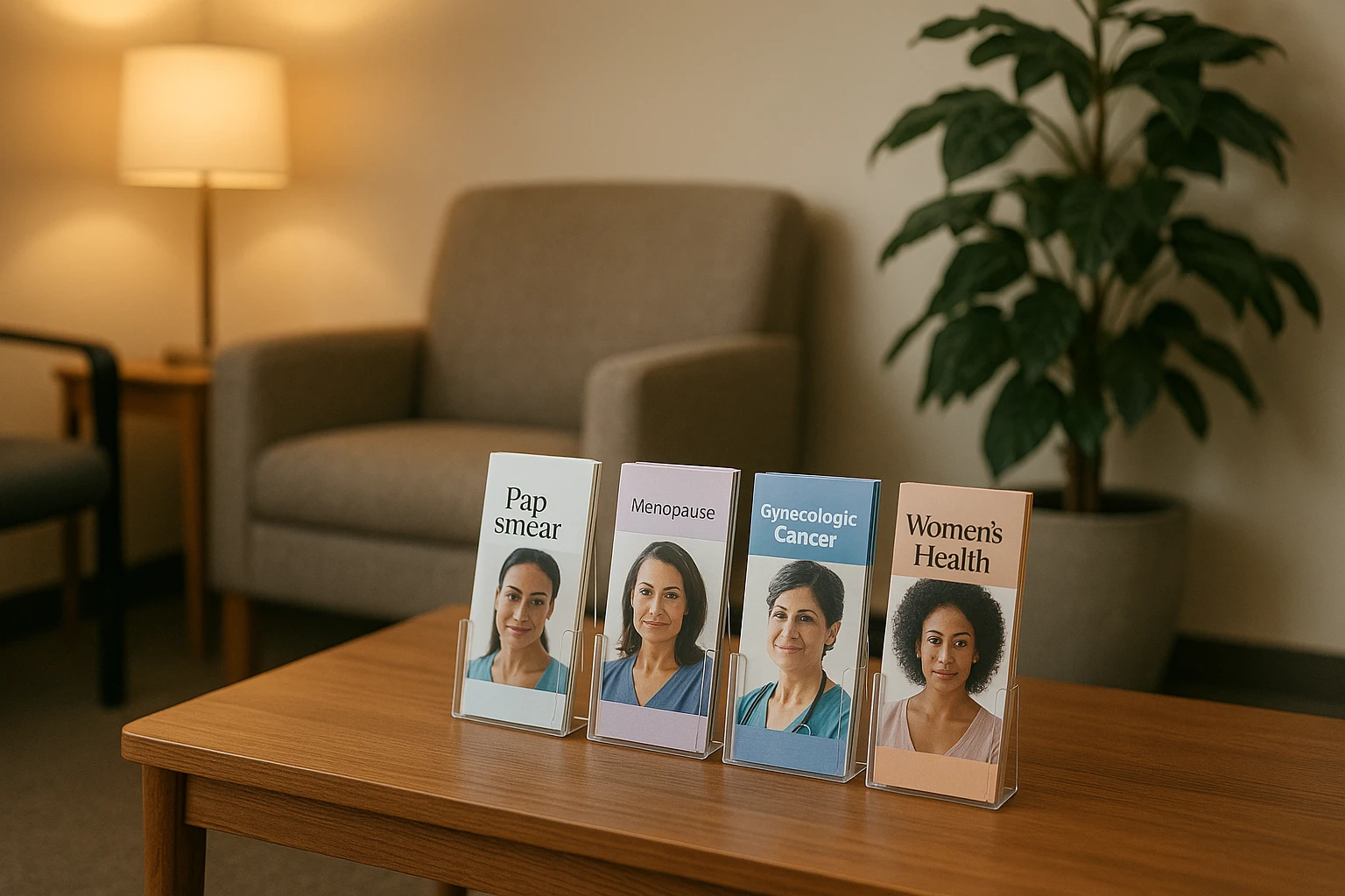A comforting waiting room with soft lighting, educational brochures about women's health neatly arranged on a wooden table, and a potted plant in the corner, creating a welcoming atmosphere for visitors seeking Pap smears in Glen Burnie, MD.