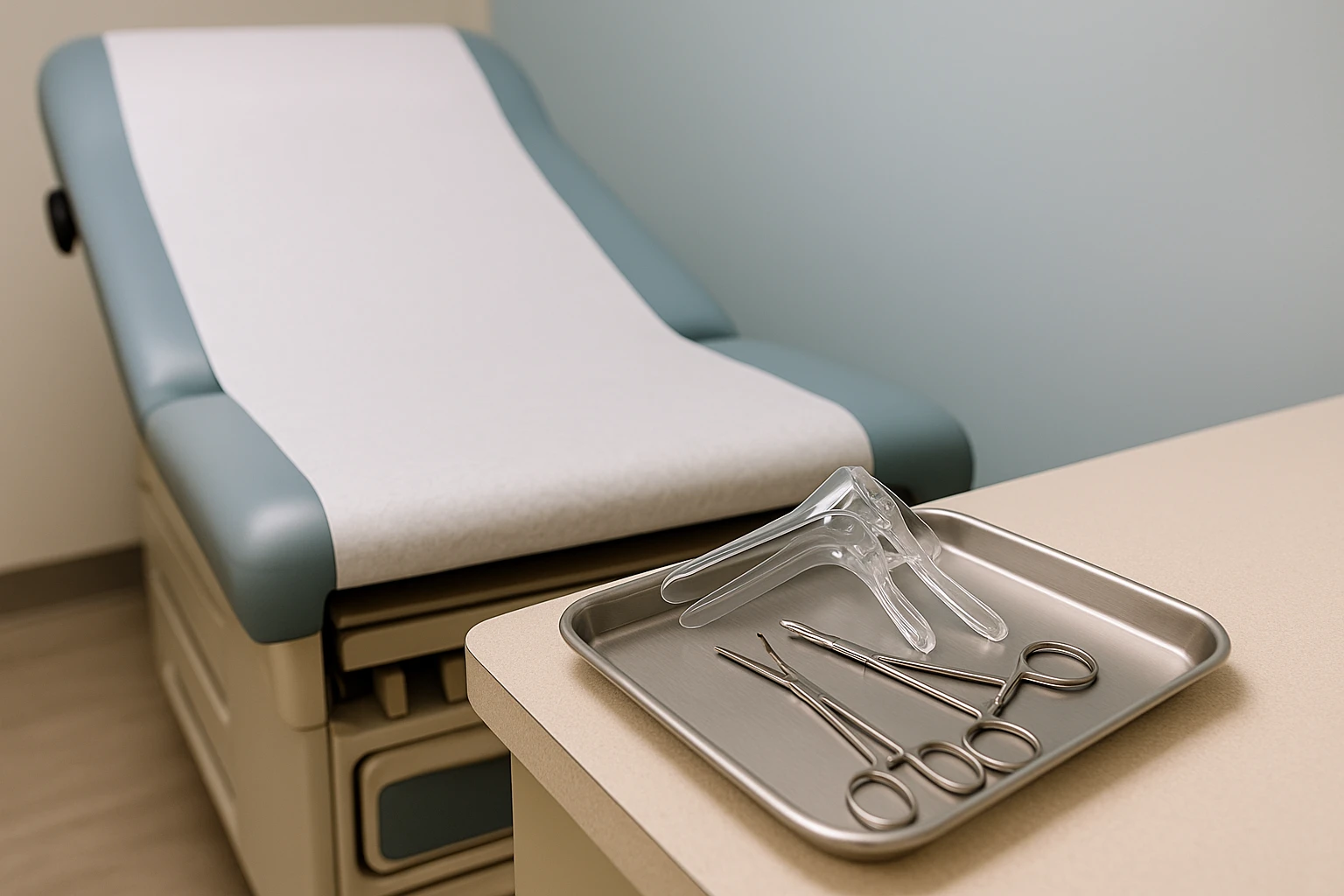 A close-up of a medical examination room in Glen Burnie, MD, featuring a pristine examination table with disposable paper covering, essential gynecological instruments laid neatly on a stainless-steel tray, and soft pastel-colored walls creating a calming environment.