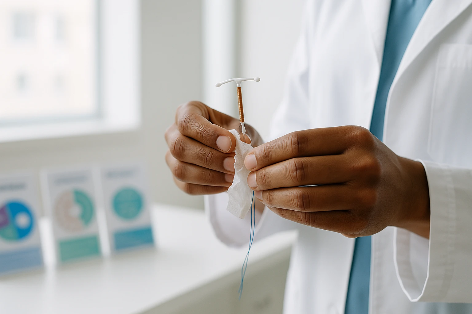 A close-up of a medical professional's hands holding an unwrapped IUD against the backdrop of a bright, sterile clinic room, with informational pamphlets about birth control visible on a nearby counter in Glen Burnie, MD.