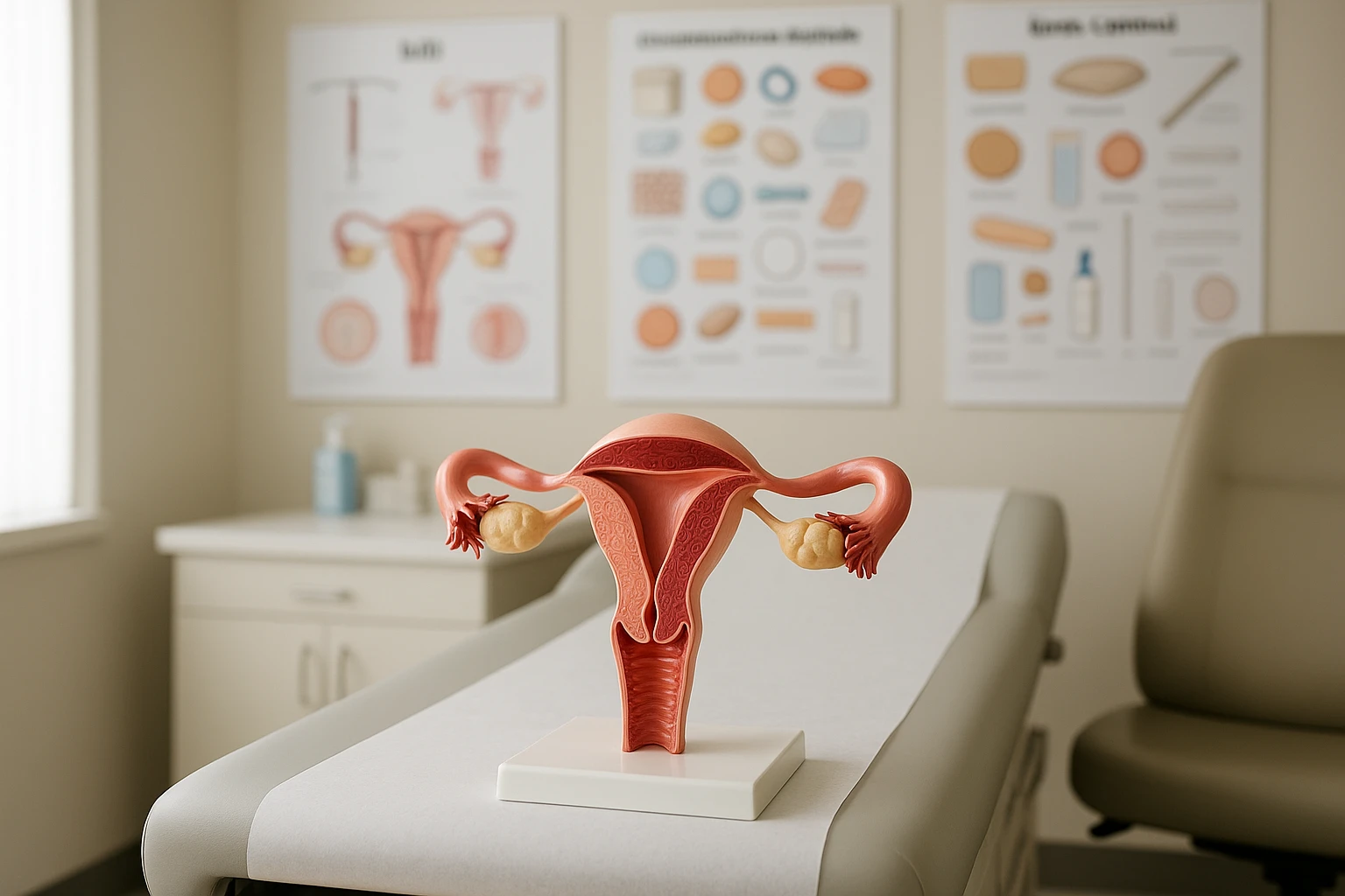 A well-lit clinic room with a detailed anatomical model of the female reproductive system on the exam table, surrounded by educational posters about IUDs and other birth control methods on the walls in Glen Burnie, MD.