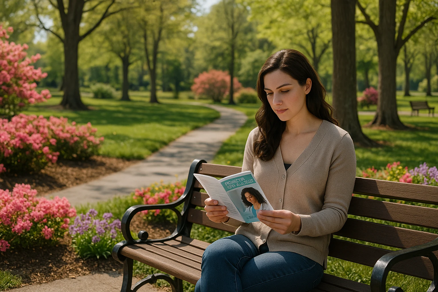 A serene park scene in Glen Burnie, MD, featuring a woman sitting on a bench with a medical brochure about women's health exams, surrounded by blooming flowers and tall trees, symbolizing health and well-being.